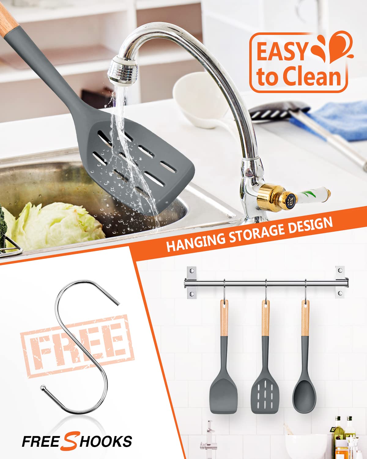 Pack Of 3 Silicone Spatula, Non Stick Cooking Utensil Set, Wooden Handle Kitchen Turner For Baking Mixing Grilling Serving Food