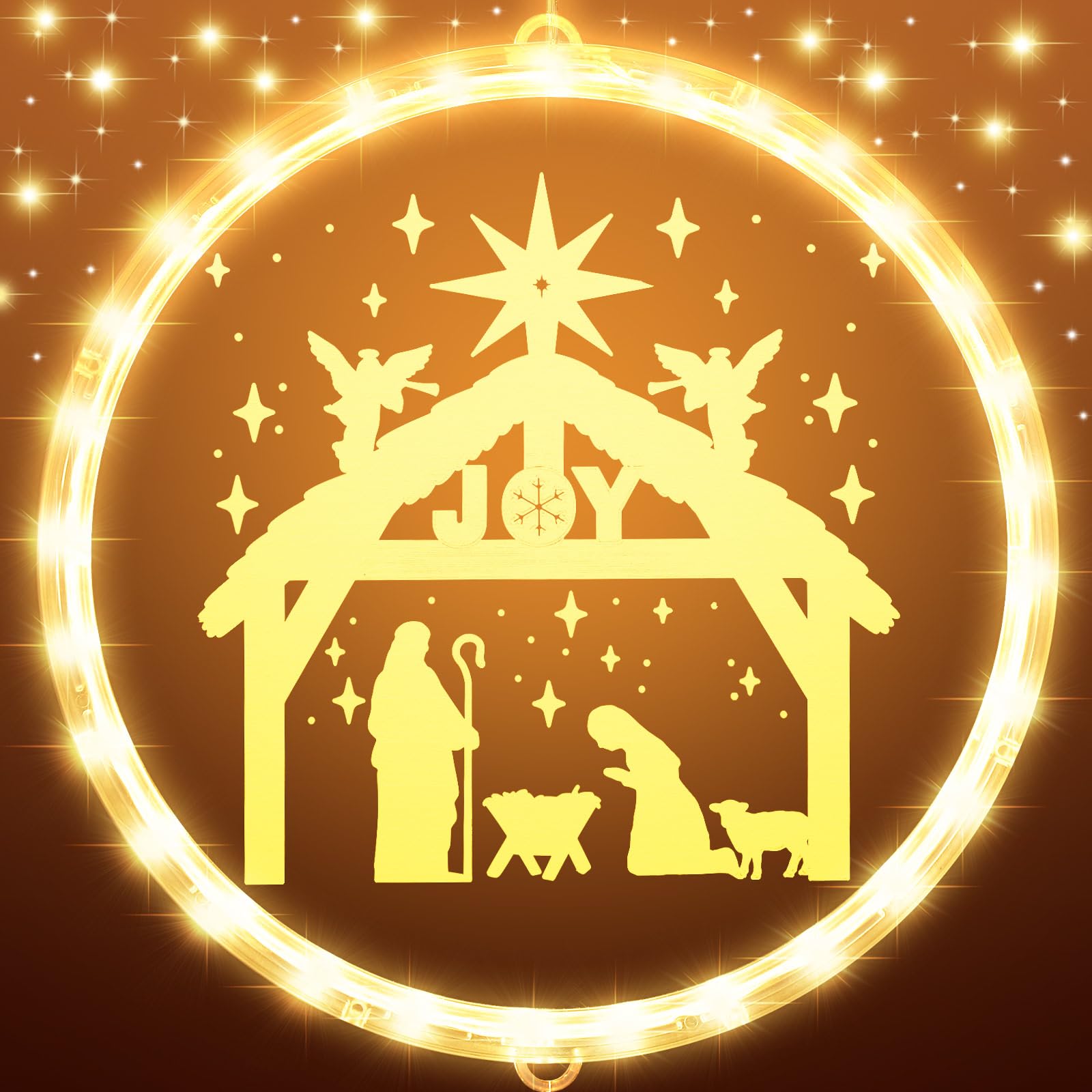 ROCEEI 9.45 Inch Christmas Decorative Window Lights Nativity Scene Hanging Xmas Lights up Sign Indoor/Outdoor Nativity Window Ho