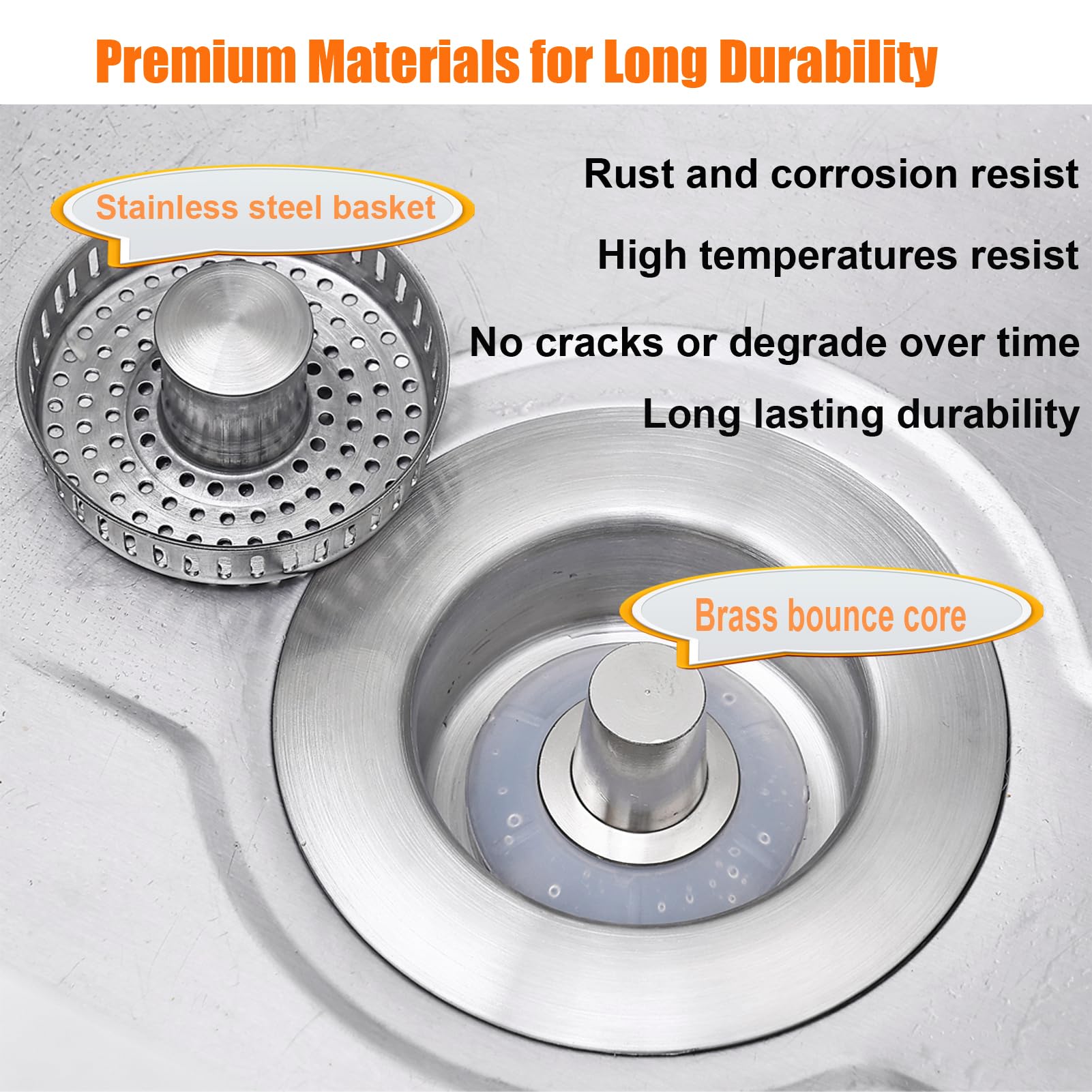 Kitchen Sink Drain Strainer And Sink Stopper(3 In 1), Upgraded Stainless Steel Drain Basket/Brass Pop-Up Bounce Core/Double Seal