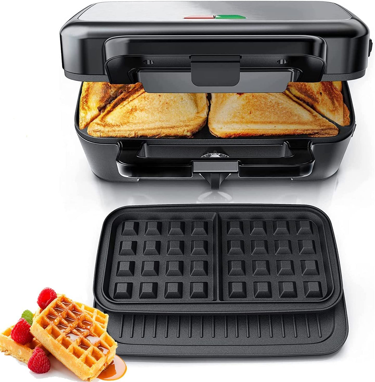 Fohere Waffle Maker 3 In 1 Sandwich Maker 1200W Panini Press With Removable Plates And 5-Gear Temperature Control, Non-Stick Coa