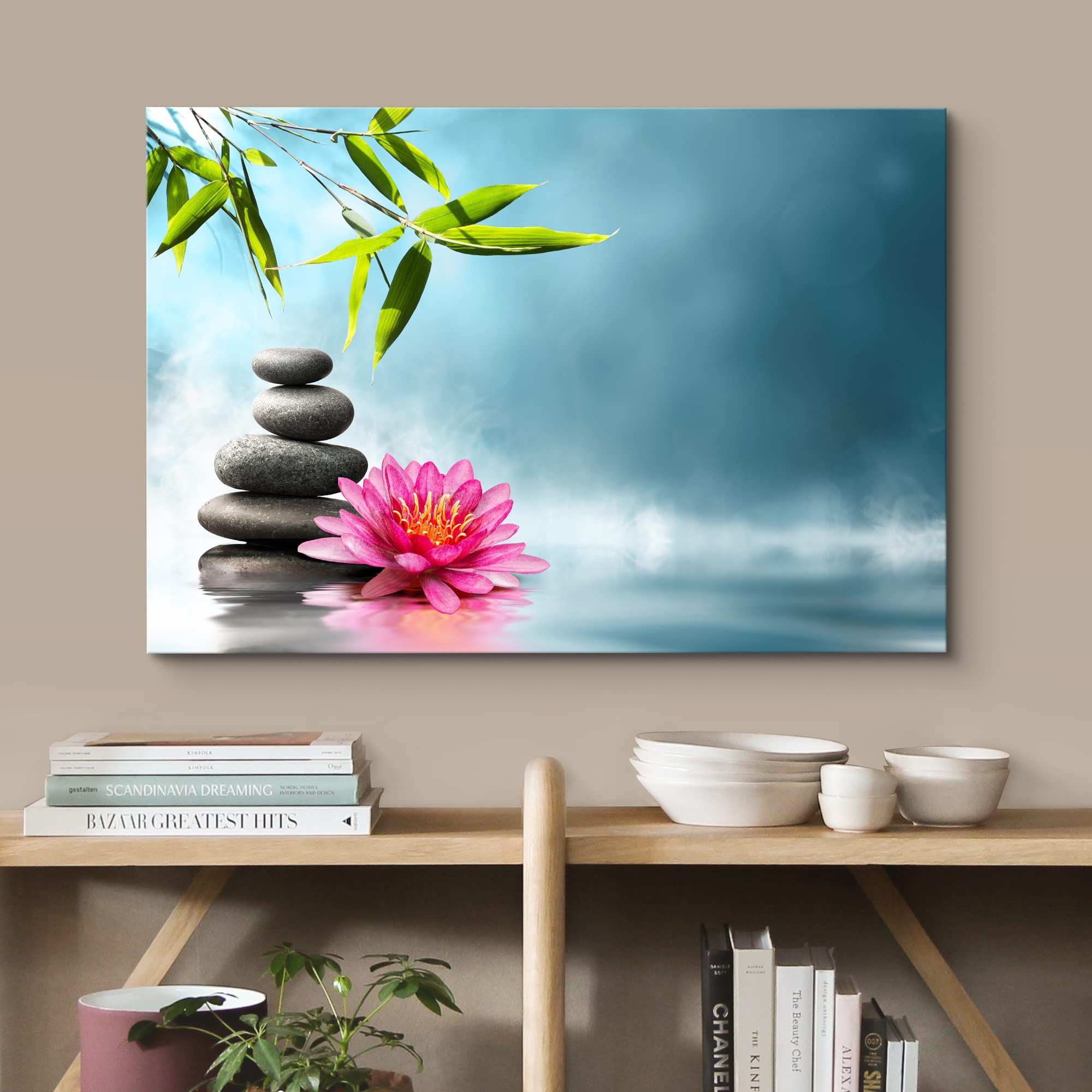 Wall26 Canvas Print Wall Art Vibrant Pink Water Lily Zen Meditation Massage Stones Leaf Nature Wilderness Photography Realism La
