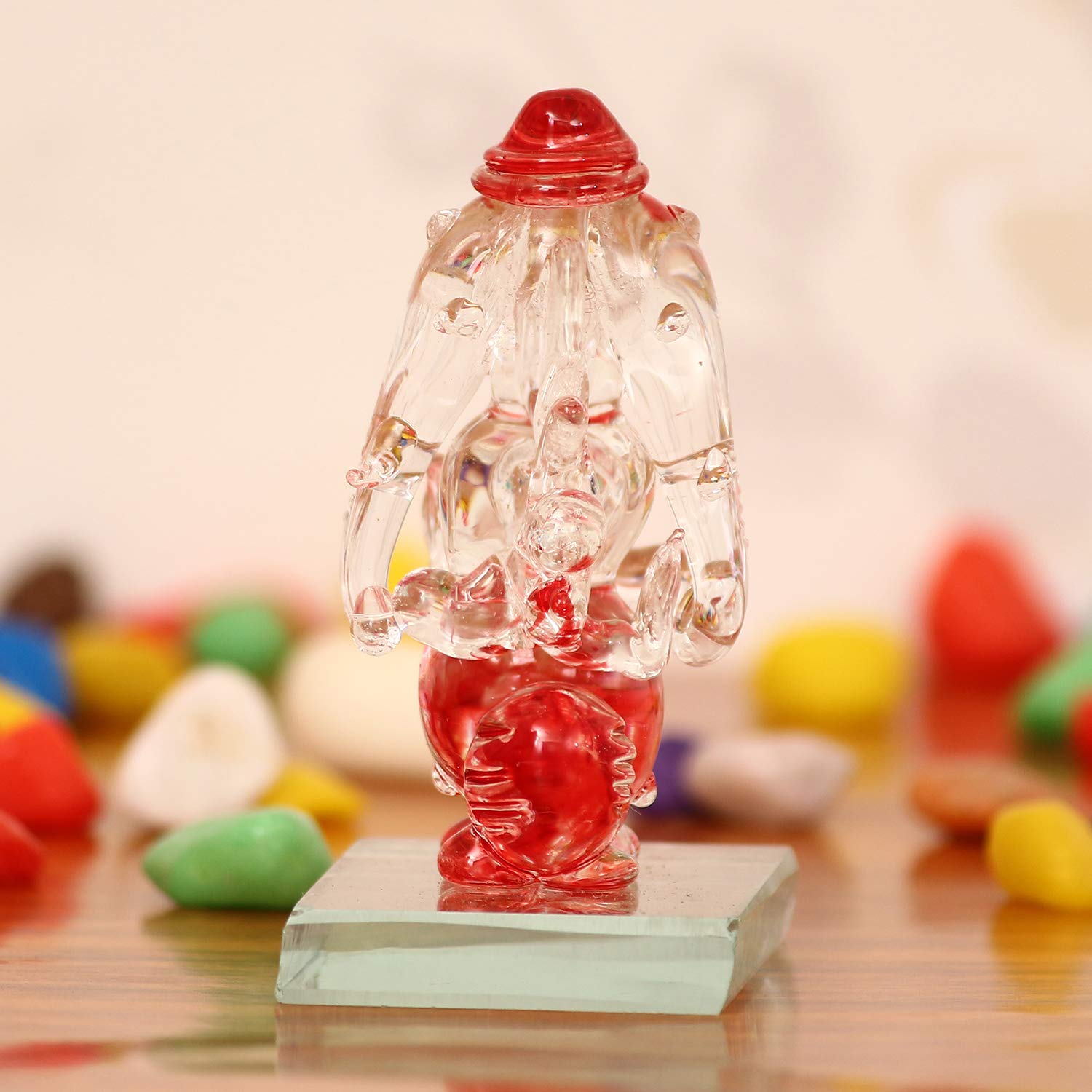 Ecraftindia Red And Transparent Double Sided Crystal Car Ganesha Showpiece