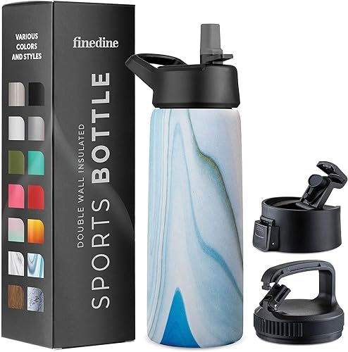 FineDine Insulated Water Bottles with Straw - 25 Oz Stainless Steel Metal Water Bottle W 3 Lids - Reusable for Travel  camping  Bike  Sports - Exquisite Blue Marble