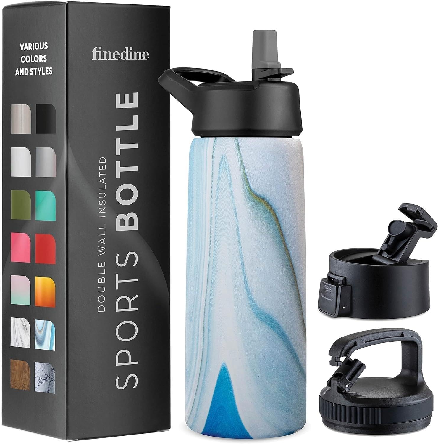 FineDine Insulated Water Bottles with Straw - 25 Oz Stainless Steel Metal Water Bottle W 3 Lids - Reusable for Travel  camping  Bike  Sports - Exquisite Blue Marble