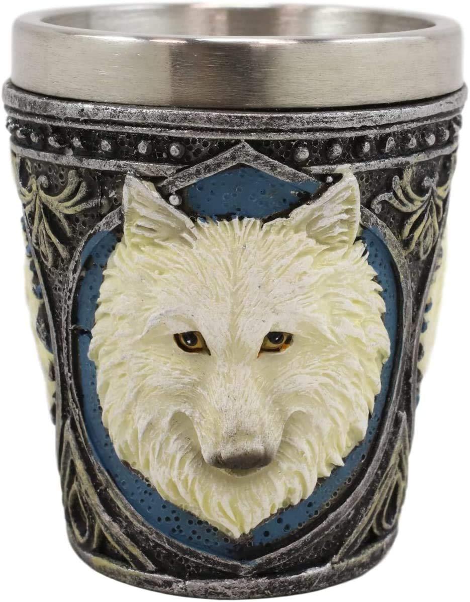 Ebros Pack Of 2 Full Moon Mythical Animal Spirit Gray And White Alpha Wolf Themed 2-Ounce Shot Glass Resin Housing With Stainless Steel Liners Wolves or Timberwolves Themed Souvenirs Favors