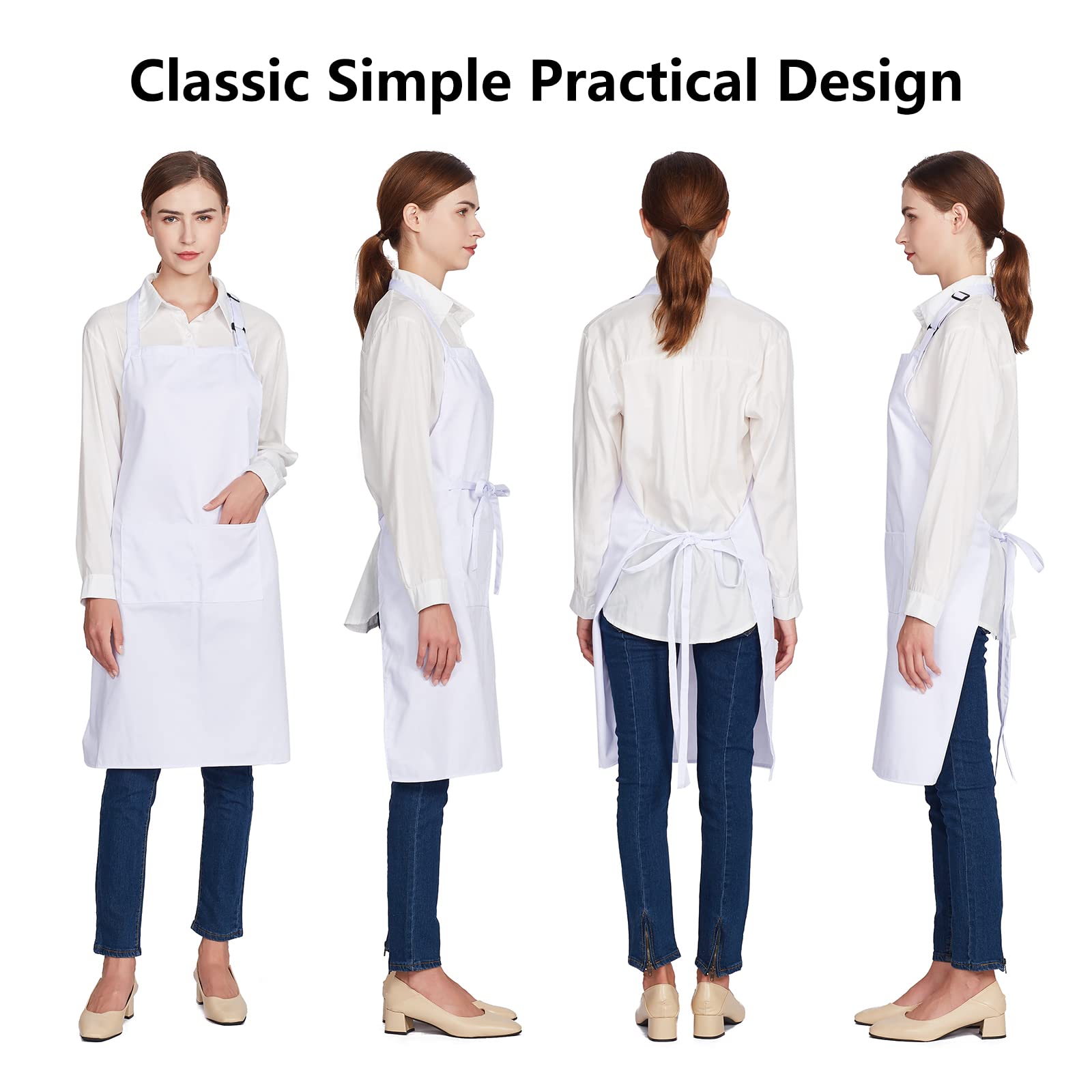 Jubatus 4 Pack 100% Cotton Aprons With 2 Pockets Cooking Chef Kitchen Adjustable Bib Apron For Women Men, White