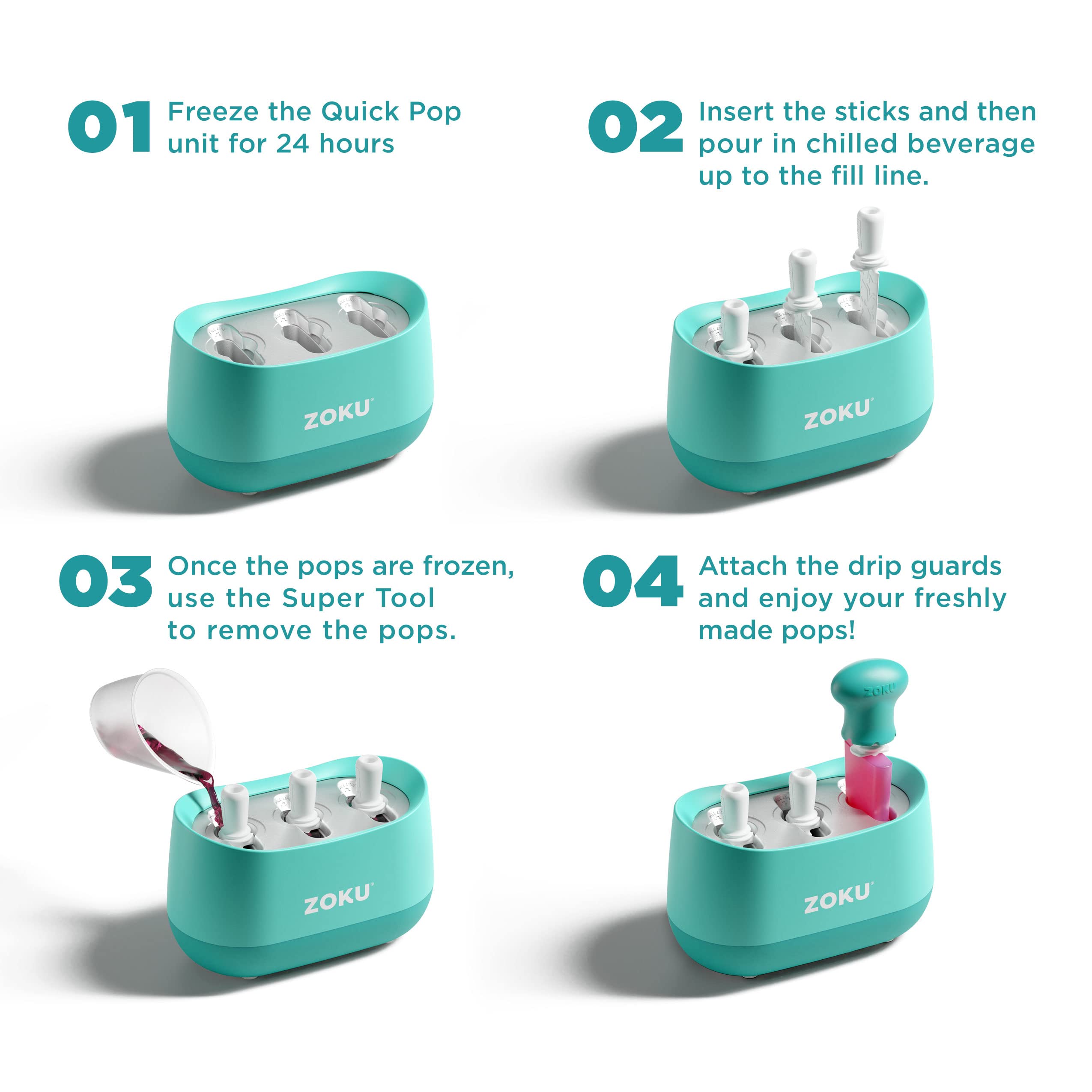 ZOKU Triple Quick Pop Maker - Create 3 Popsicles in Minutes, Blue, Model ZK101 2BL, Includes Sticks, Tool, and Character Kit