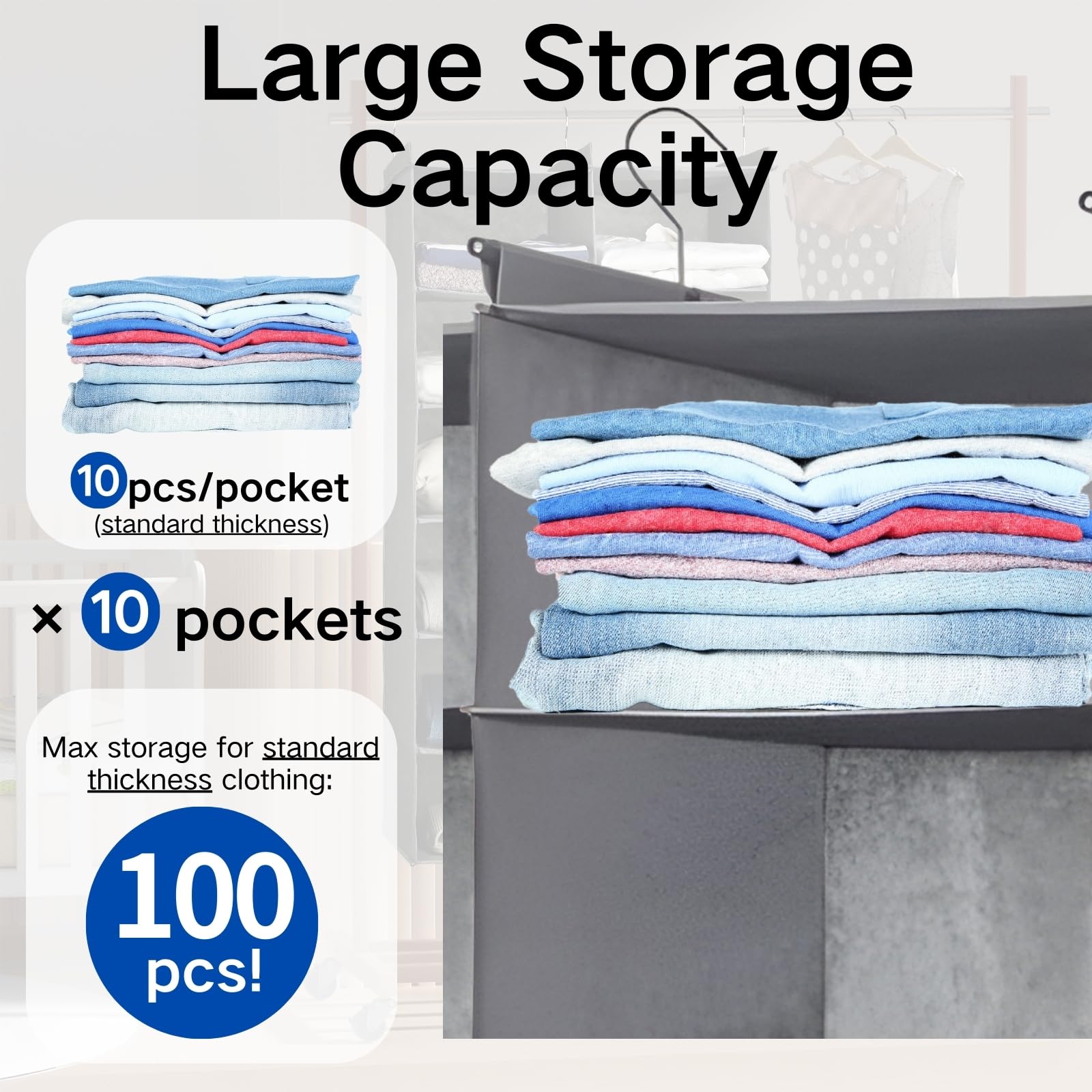 Alltidyup 5 Tier Shelf Hanging Closet Organizer, Dual-Row 10 Pocket Cloth Hanging Shelf With 3 Sturdy Hooks For Storage, Foldabl