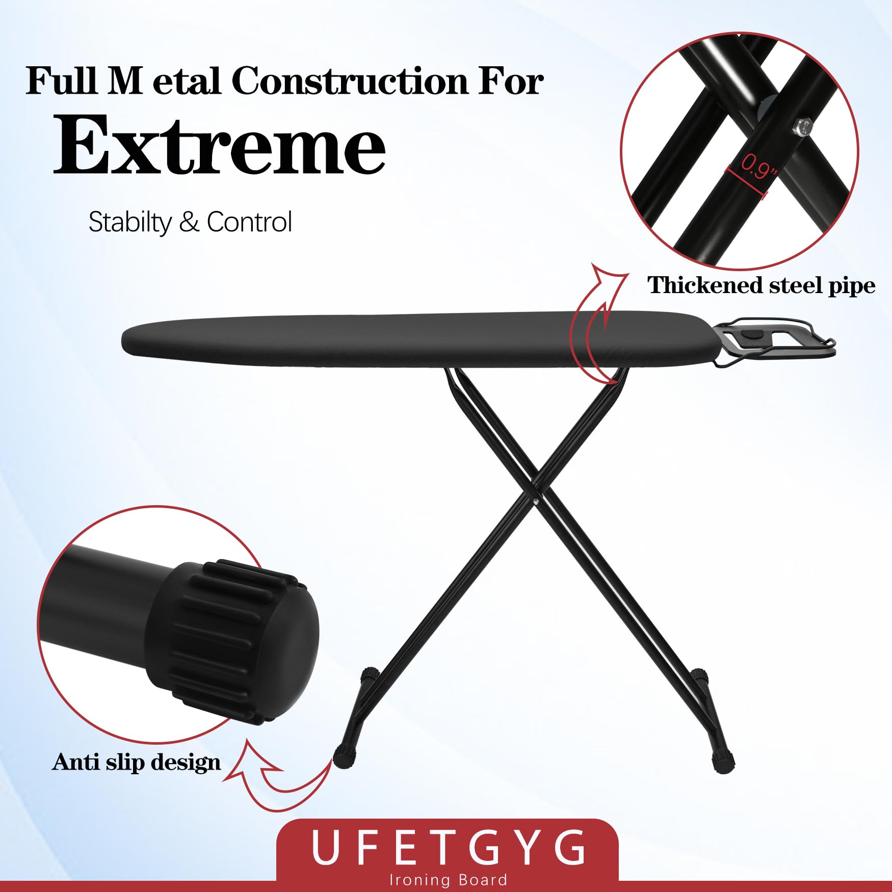 Ufetgyg Ironing Board, Metal Panel Iron Board |43'' X 13'' W/With Iron Rest | Full Metal Construction| Height Adjustable | Heat