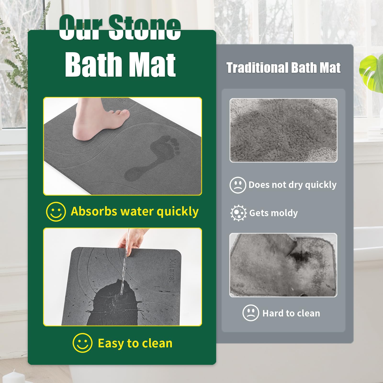 Xmarrat Large Stone Bath Mat, Super Absorbent Diatomaceous Earth Bath Mat Large, Quick Drying Non-Slip Diatomite Stone Bath Mats