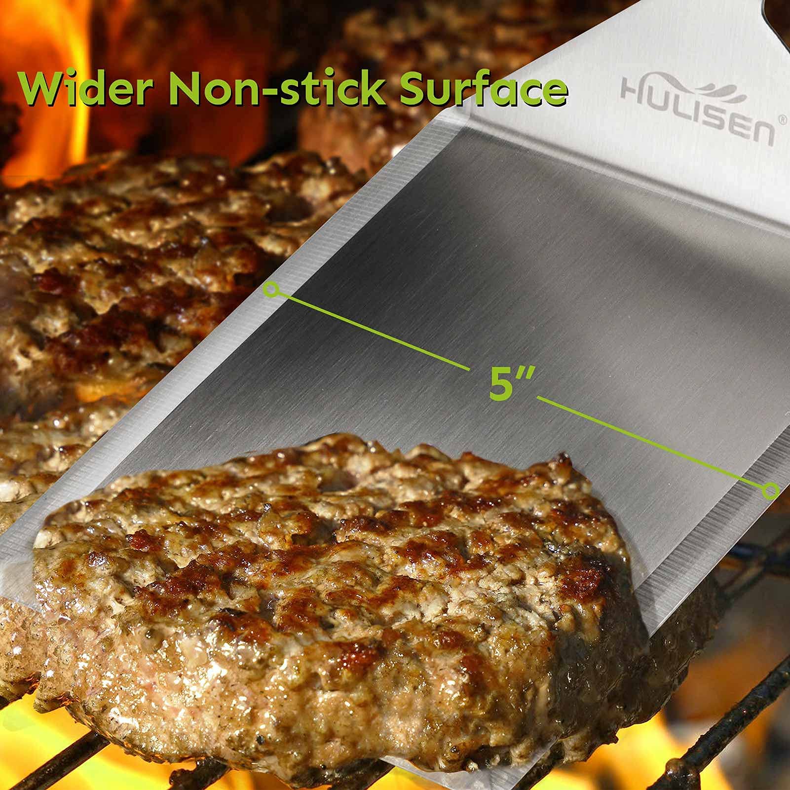 HULISEN Stainless Steel Large Grill Spatula - 6 x 5 Inch Heavy-Duty Metal Spatula with Cutting Edges  Kitchen Griddle Accessories  Smashed Burger Turner Scraper for BBQ Grill and Flat Top Griddle