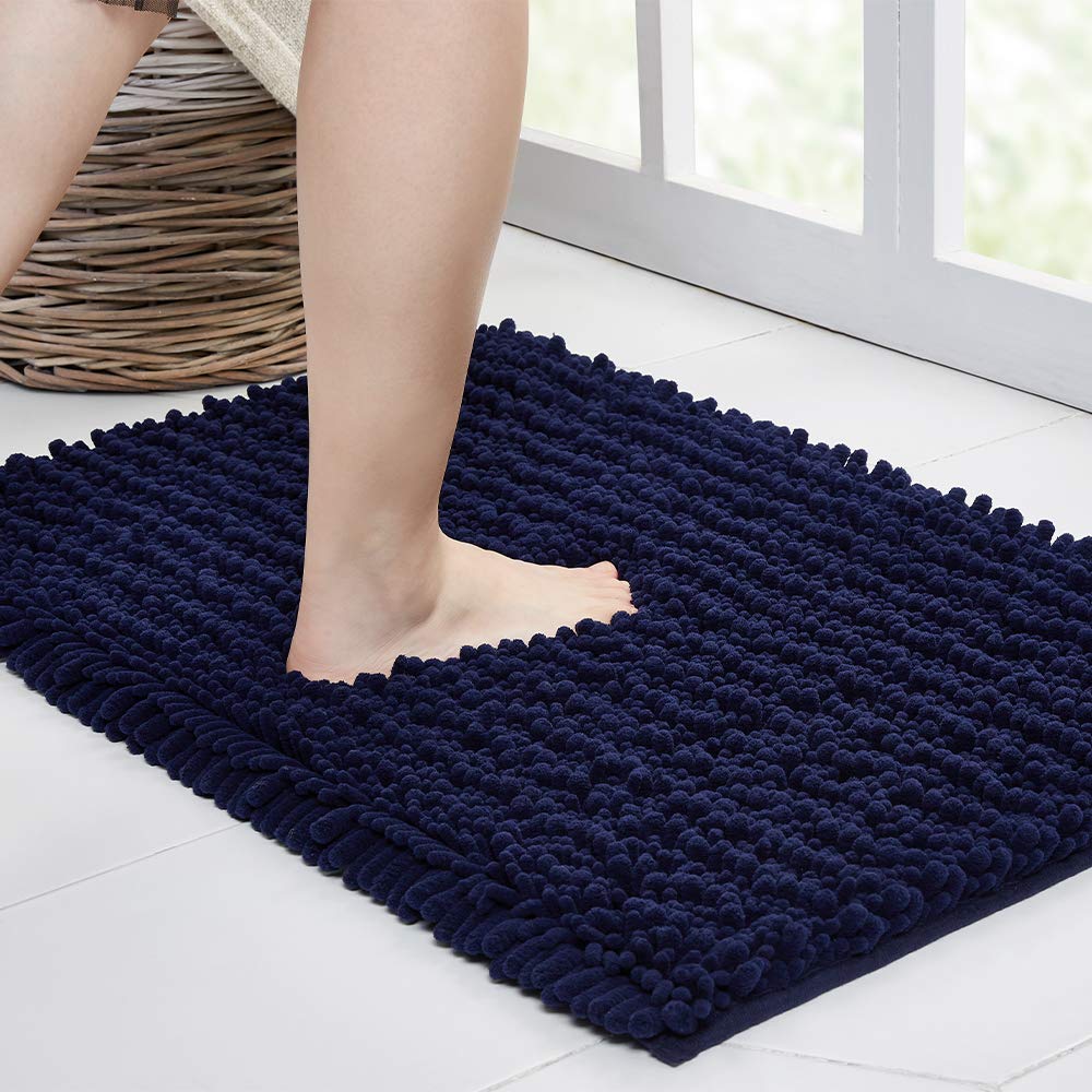 Walensee Bathroom Rug Non Slip Bath Mat (24X17 Inch Navy) Water Absorbent Super Soft Shaggy Chenille Machine Washable Dry Extra