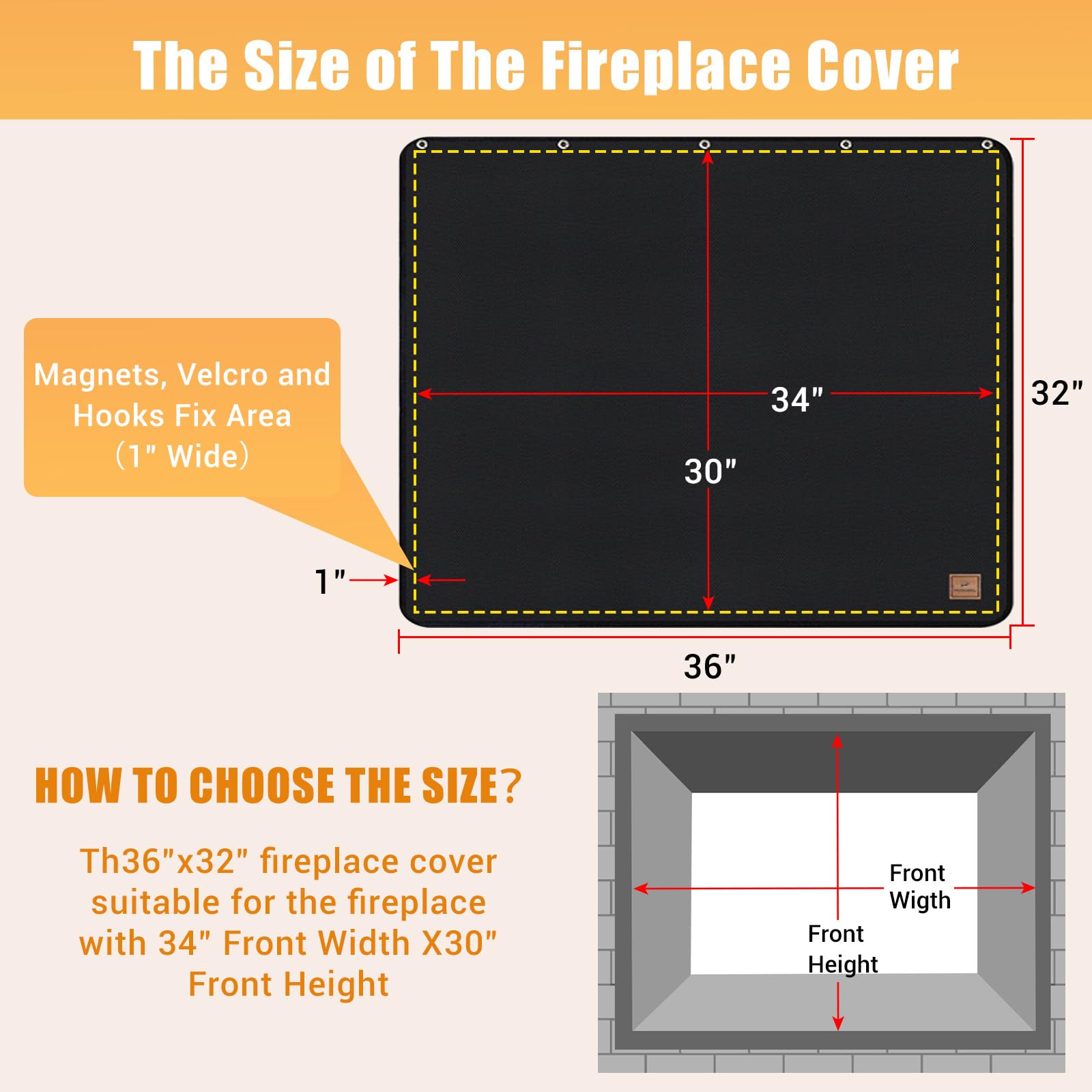 Protalwell Magnet Fireplace Cover, Fireproof Draft Blocker, 36"x32", Black, Model ER001