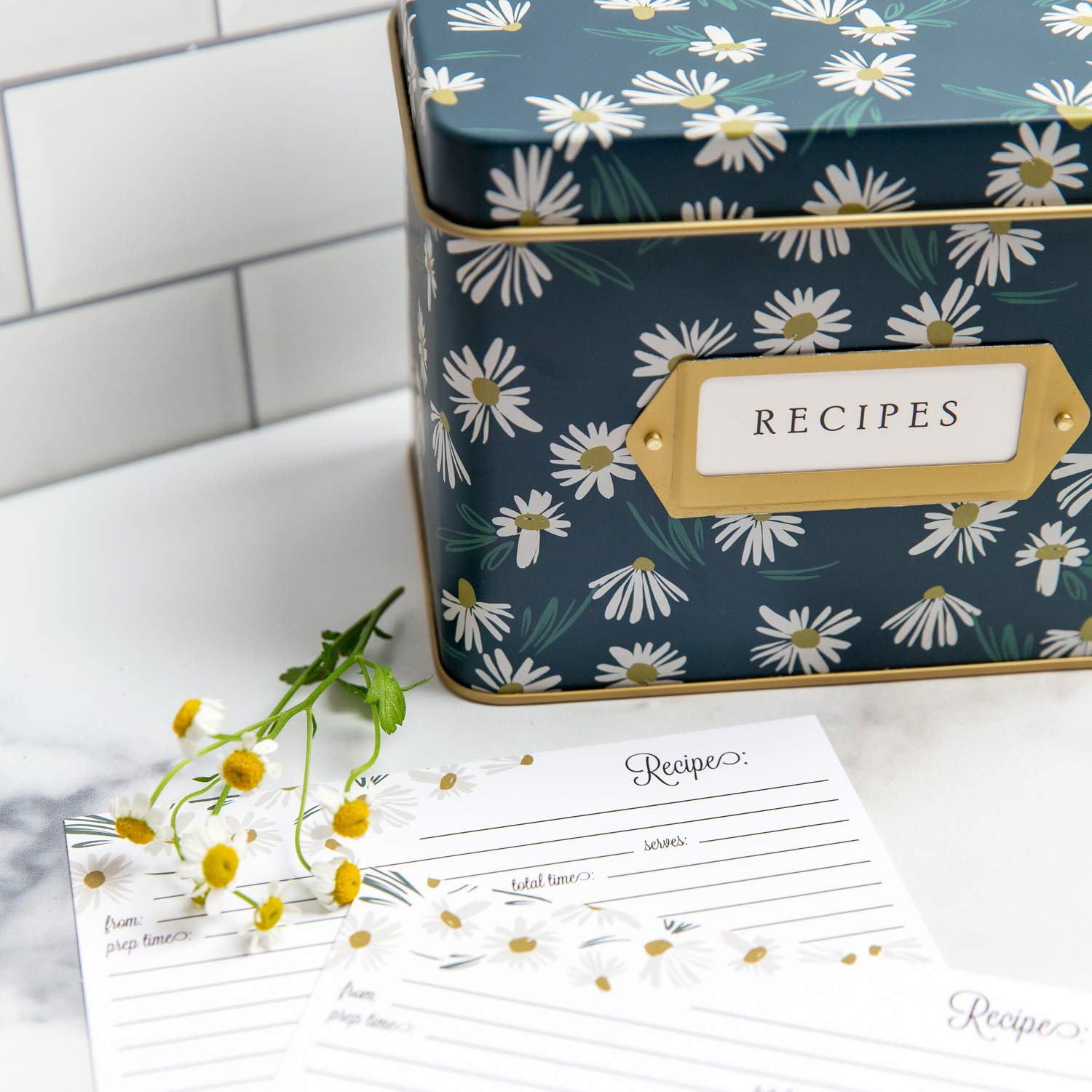 Jot & Mark Decorative Recipe Tin Box For Recipe Cards, Greeting Card Holder 4'' X 6'' (Recipe Box Kit, English Daisies)