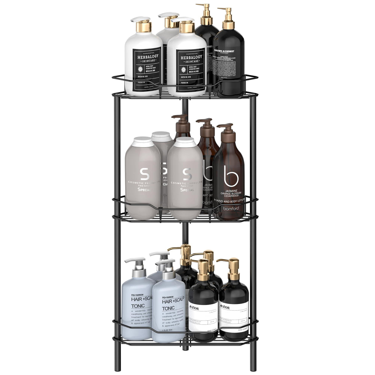 Huggiegems 3 Tier Floor Standing Corner Shower Caddy Organizer Shelf With Hooks, Bathroom Shelves Stand Rack, Matt Black