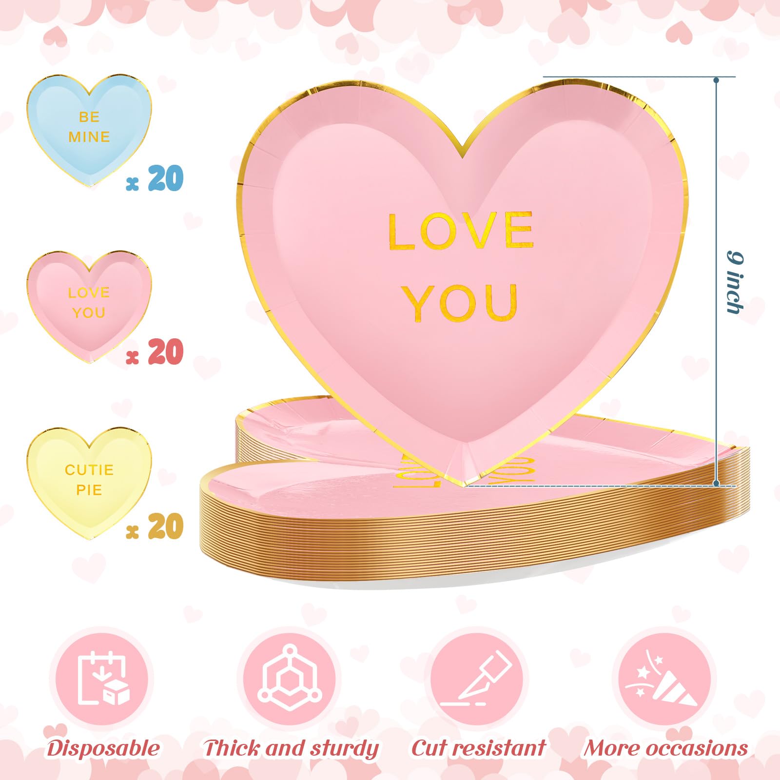 Suclain 60 Pcs Valentine'S Day Paper Plates 9'' Heart Shaped Paper Plates Disposable Heart Tableware Valentine'S Day Party Dinne