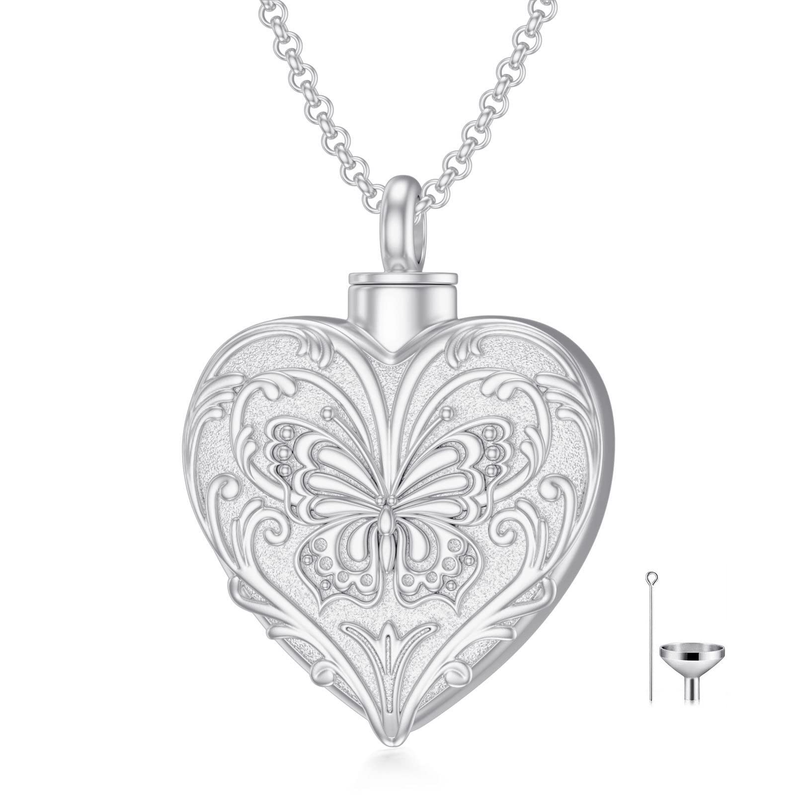 SOULMEET White Gold Filled Butterfly Cremation Jewelry for Ashes, Heart Butterfly Urn Necklace that Holds Human Dog Ashes, Putti