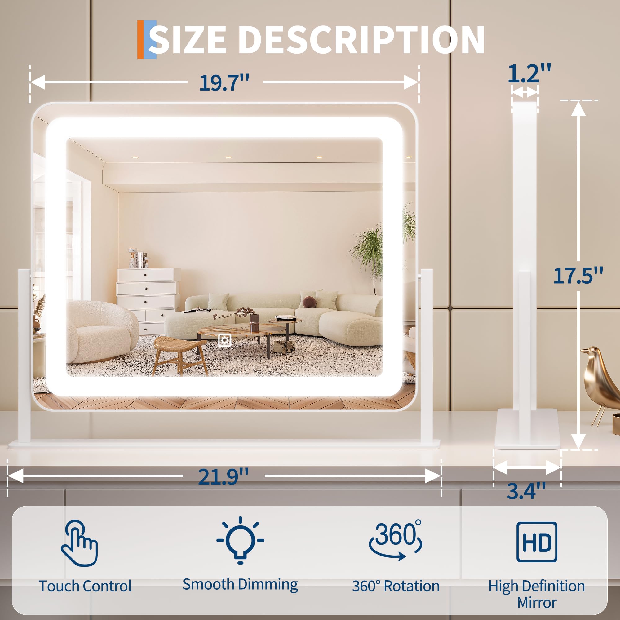Vanity Mirror With Lights, 19.6X15.7 Led Makeup Mirror With Lights, Large Lighted Makeup Mirror, Touch Screen, 3-Color Dimmable