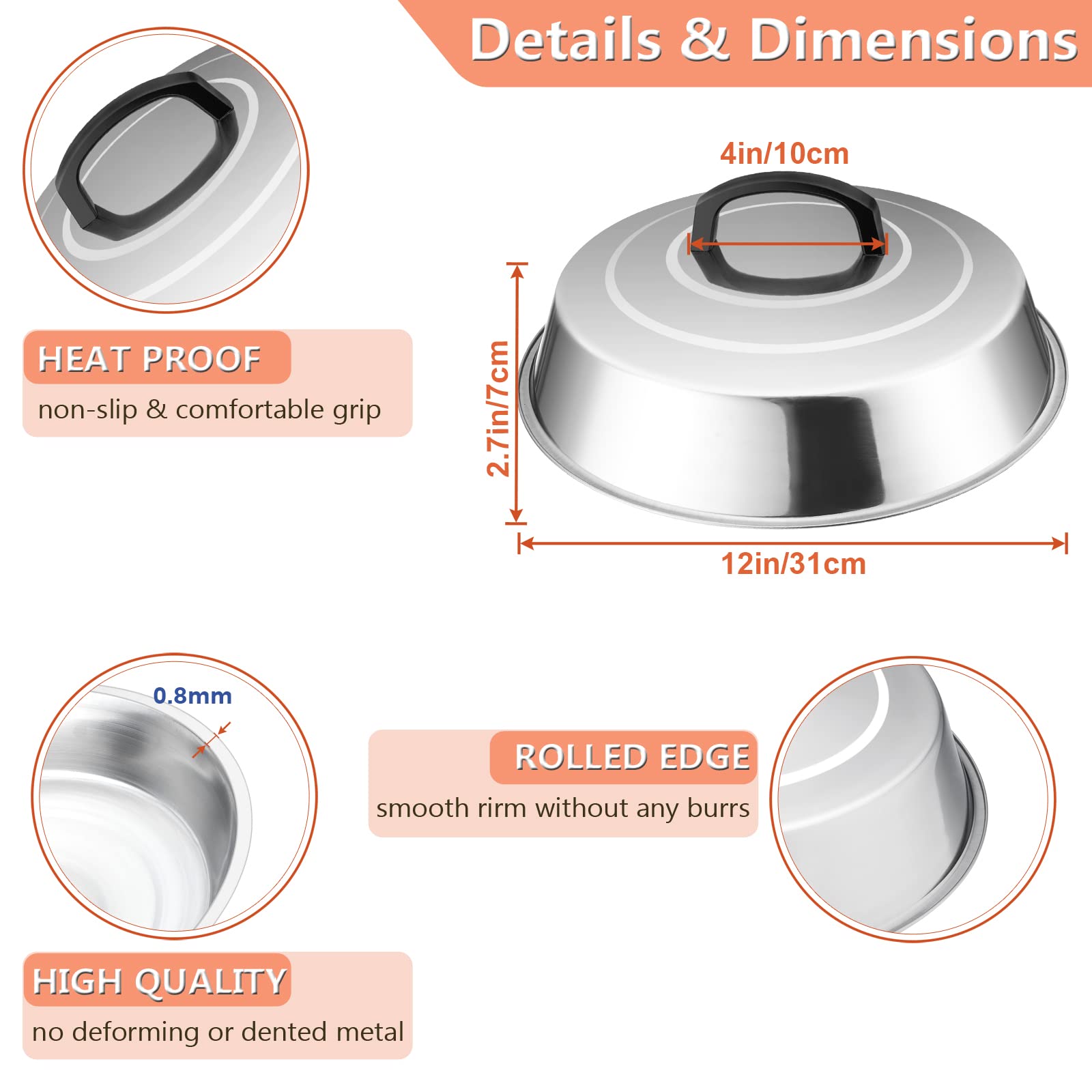 Cheese Melting Dome Set of 3  HaSteeL Stainless Steel Round Basting Steaming Covers  Professional Griddle Grill Accessories for Flat Top Teppanyaki BBQ Cooking Indoor & Outdoor (12