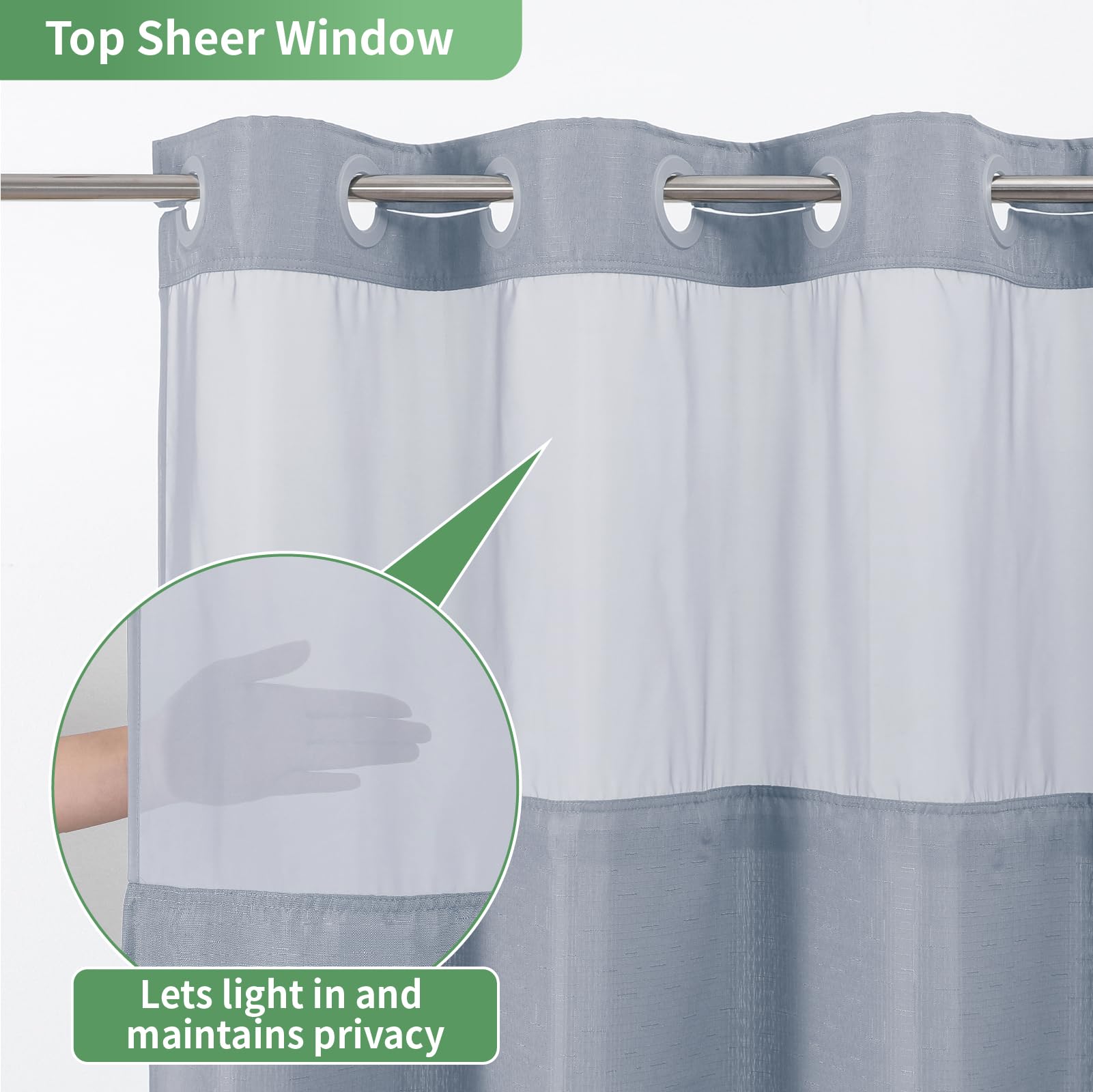 Eachope Blue No Hook Shower Curtain With Snap-In Fabric Liner Set,Slub Textured Fabric Shower Curtains For Bathroom,Hotel Style