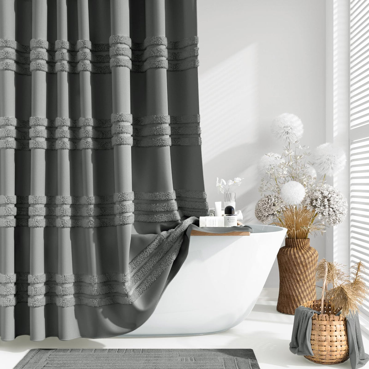 Dynamene Charcoal Grey Fabric Shower Curtain, Tufted Chenille Striped Cloth Shower Curtain For Bathroom, Modern Farmhouse Shabby