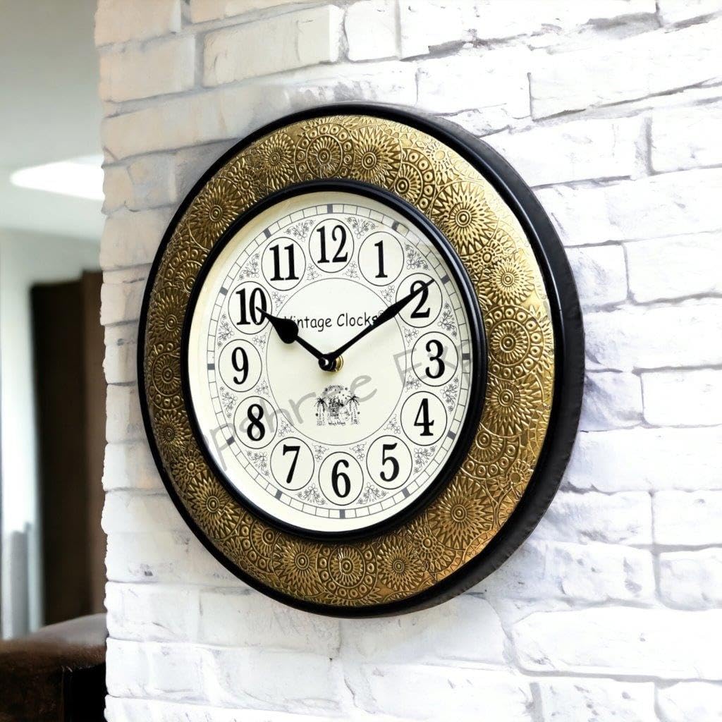 Vintage Clock Handcrafted Brass Inlay Wooden Clock / With Hand-Hammered Brass Work / 1 Year Warranty / English Numerals, Analog