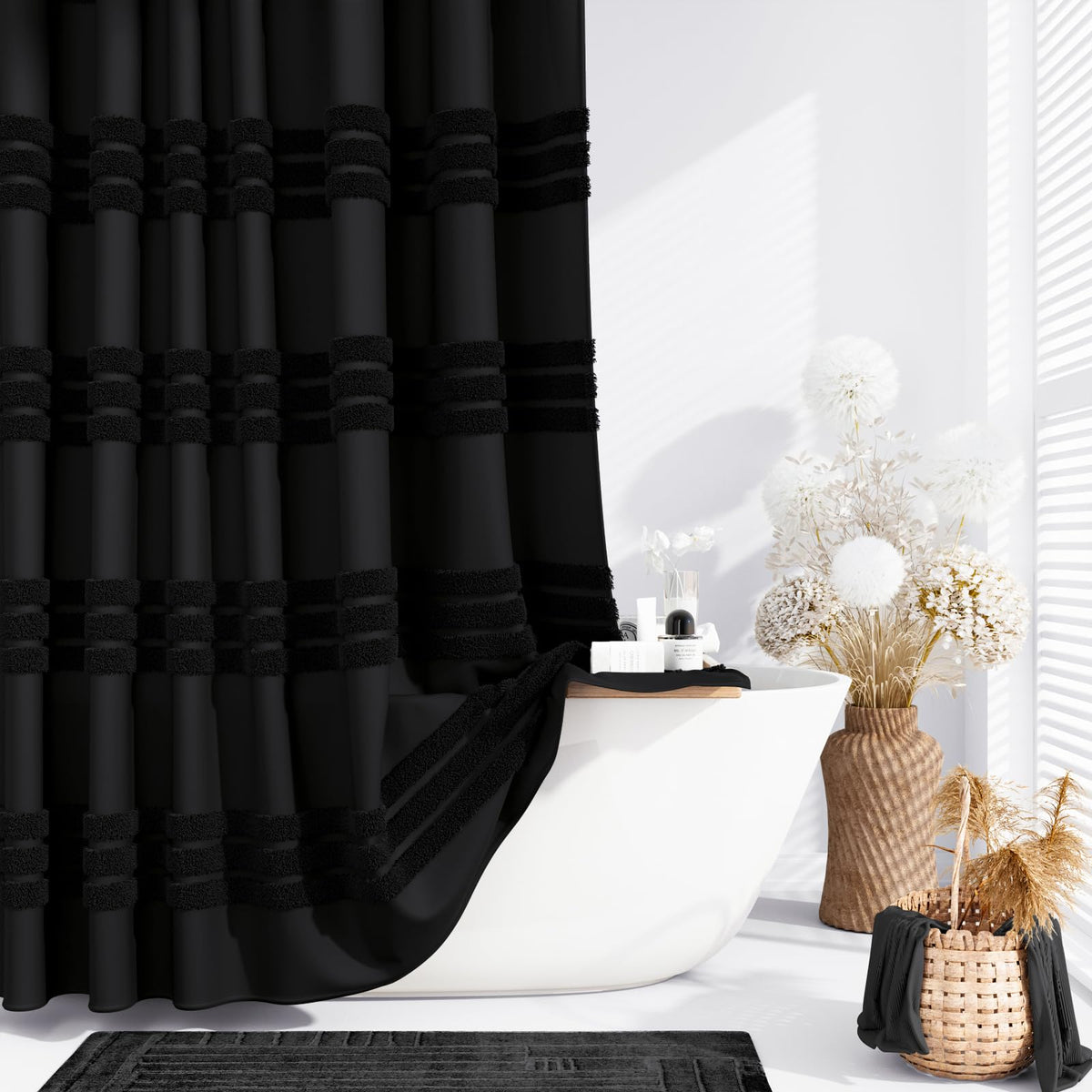 Dynamene Black Fabric Shower Curtain, Tufted Chenille Striped Textured Cloth Shower Curtains For Bathroom, Boho Farmhouse Shabby