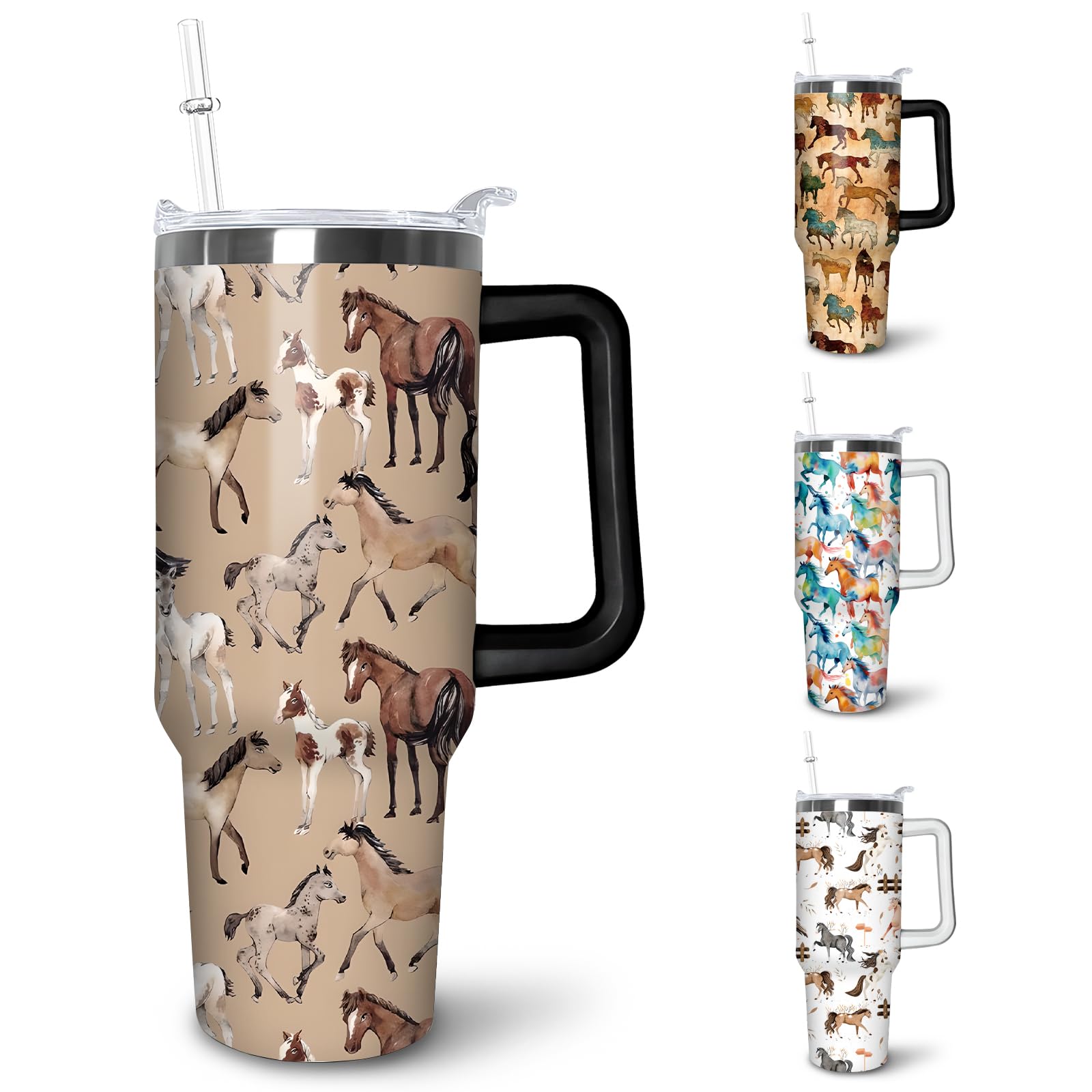 puhnhsv 40 oz Horse Tumbler With Handle and Straw, 40oz Insulated Stainless Coffee Mugs Cup Water Bottle Gifts for Women Girls