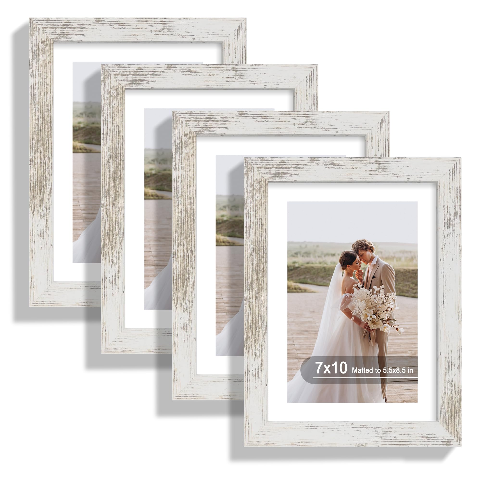 Hongkee 7x10 Picture Frame Set of 4, Made of Real Glass and Distressed White Frame - Display Picture 5.5x8.5 with Mat or 7x10 Wi