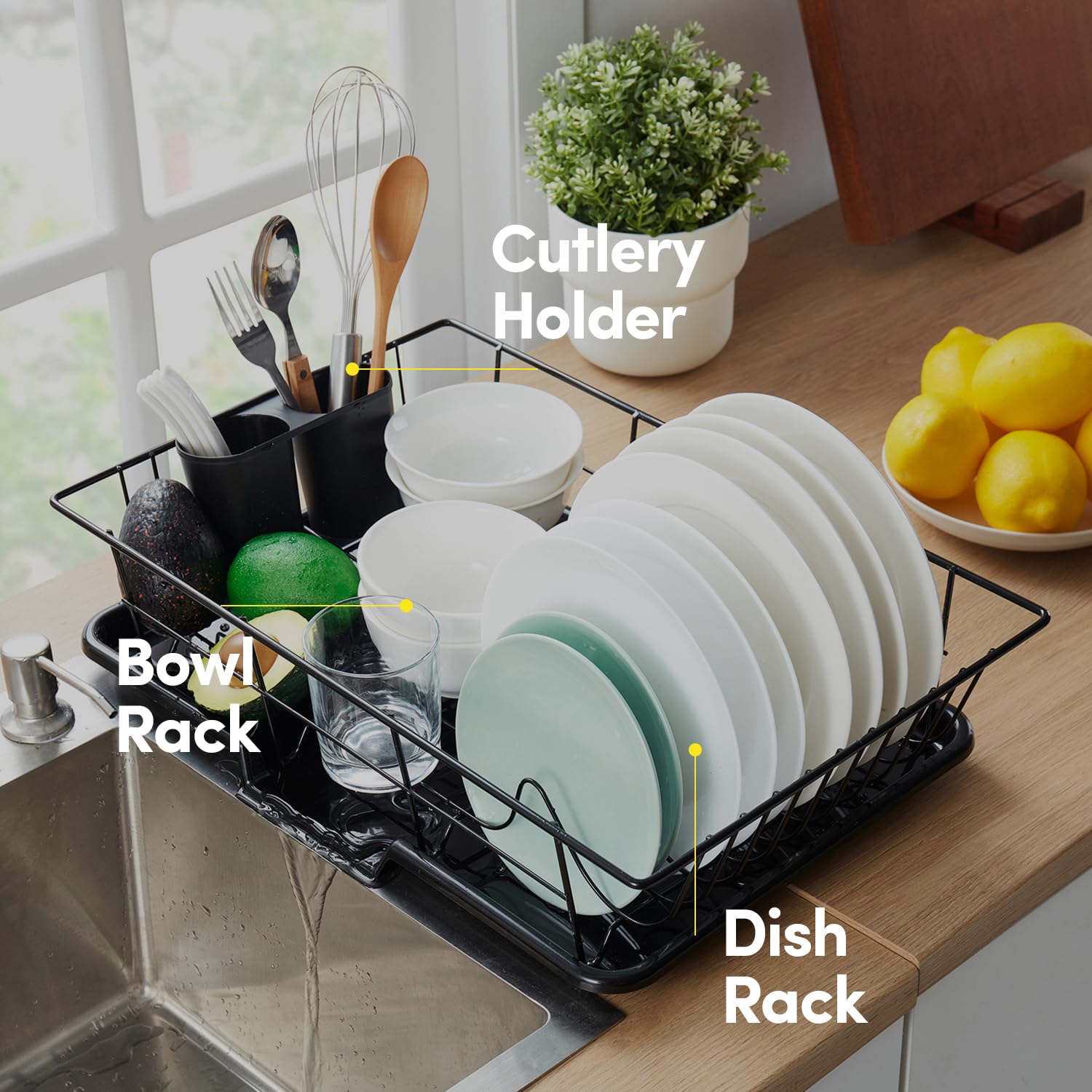 Space-Saving 3-Piece Dish Drainer Rack Set With Cutlery Holder - Maximize Countertop Space, Black