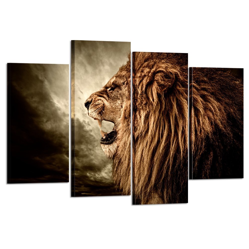 Kreative Arts - 4 Panel Wall Art Lion Painting Print On Canvas Animal Pictures For Home Decor Decoration Gift Piece Stretched By