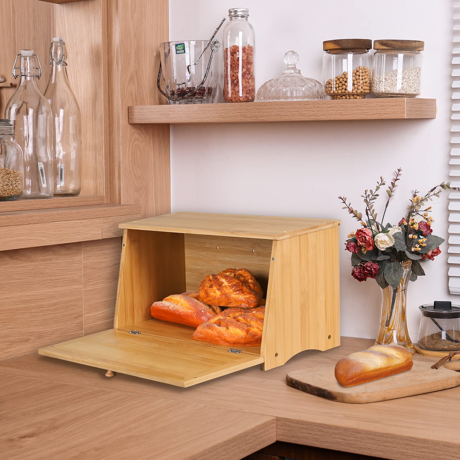 HOMEKOKO Vintage Large Wood Bread Box for Kitchen Counter, Retro Design Single Layer Bamboo Large Capacity Food Storage Bin (Nat