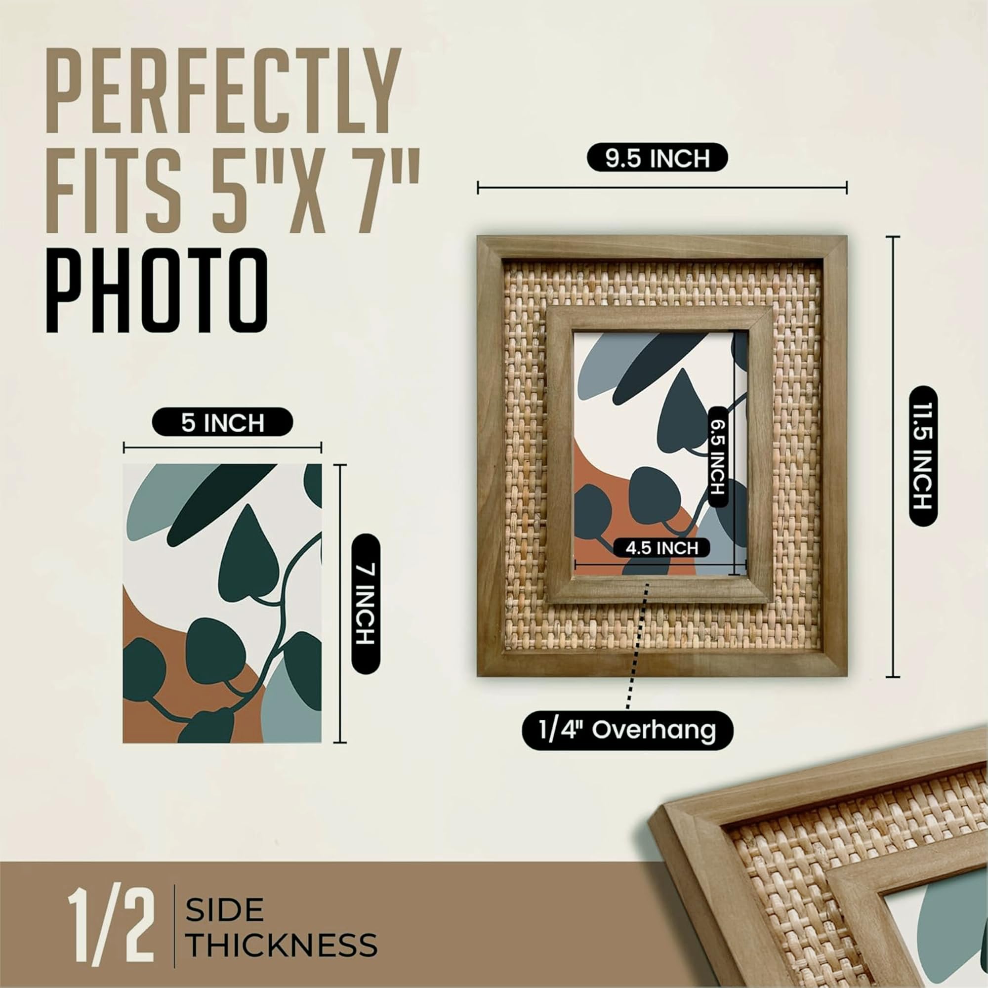 Fairwood Way - Rattan and Wood Picture Frame for 5x7 Inch Photo or Artwork - Boho, Coastal, or Beach Photo Frame, Wooden Decorat