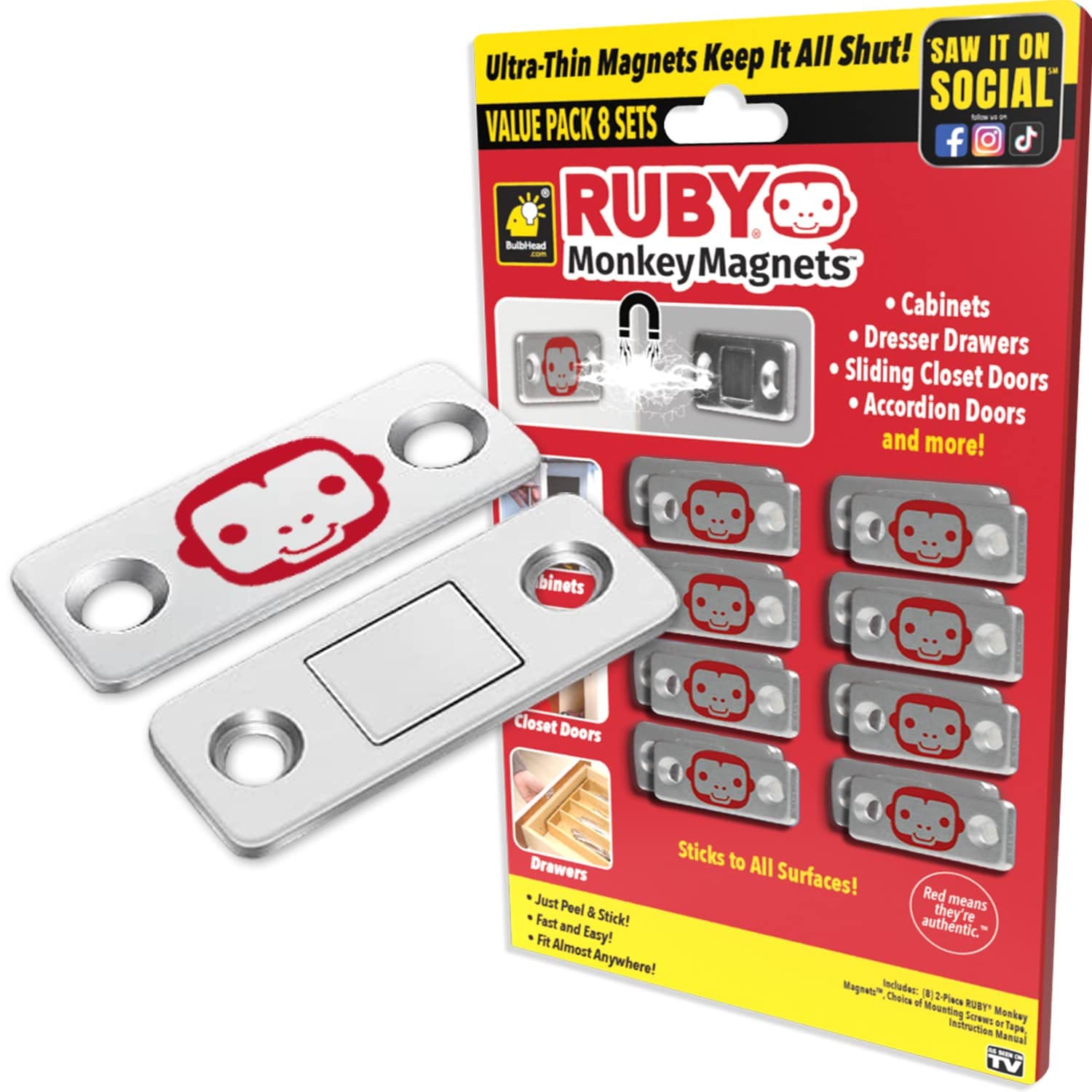 Ruby Monkey Magnets As-Seen-On-Tv, Ultra-Thin Magnetic Plates Keep It All Shut, Fast And Easy Installation, Just Peel & Stick, S