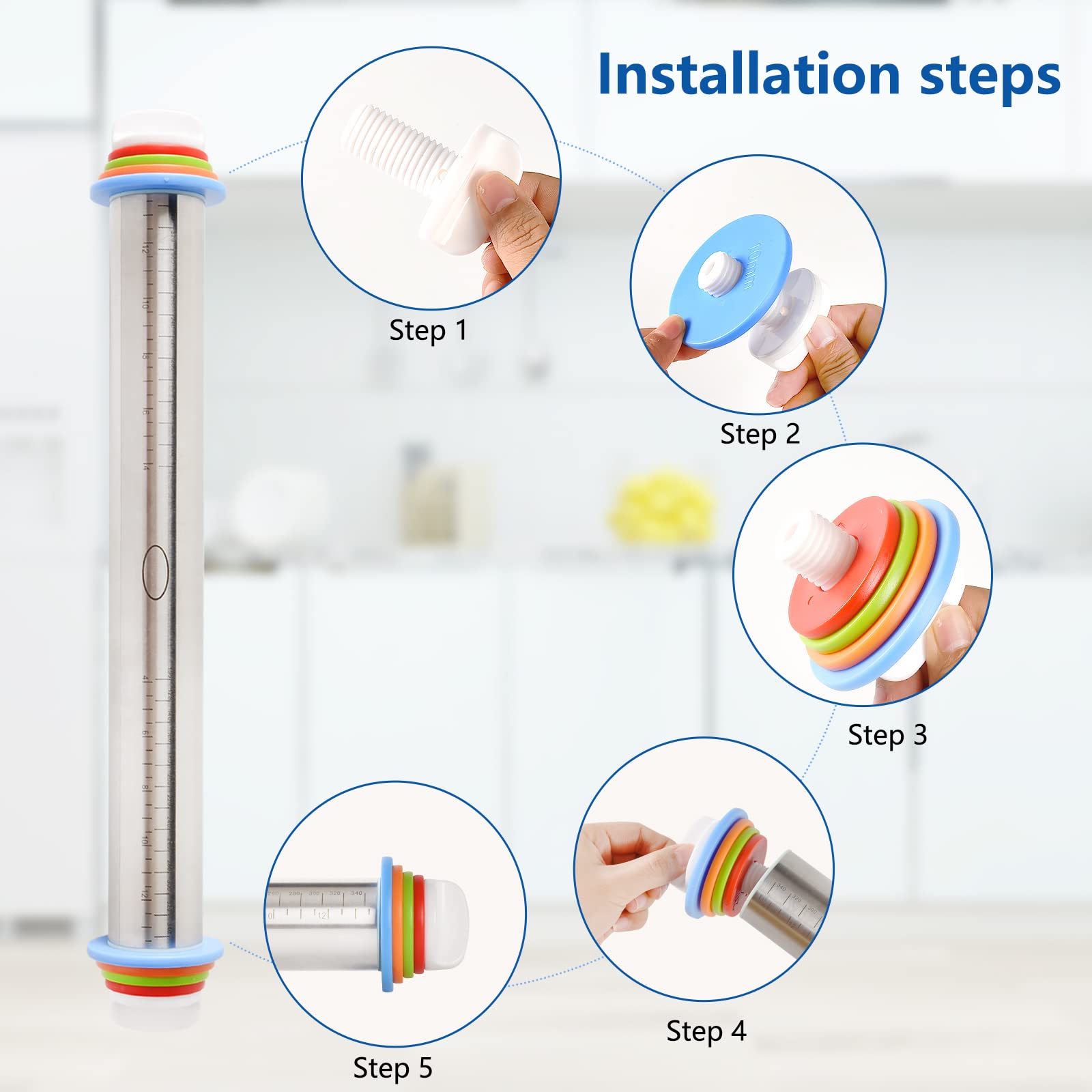 Adjustable Rolling Pin With 4 Thickness Rings, Stainless Steel Dough Roller Pizza Roller Handle Press Design With Measurement Gu