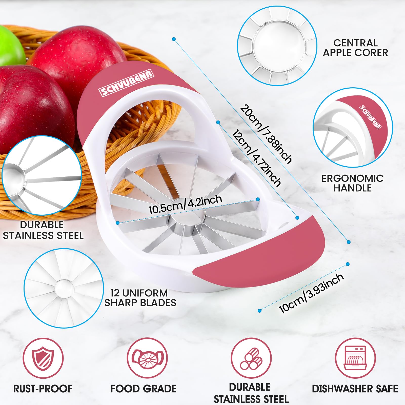 Schvubenr 4.72 Inch Large Apple Slicer With 12 Blades - Professional Apple Cutter - Stainless Steel Apple Corer - Sharp Apple Sl