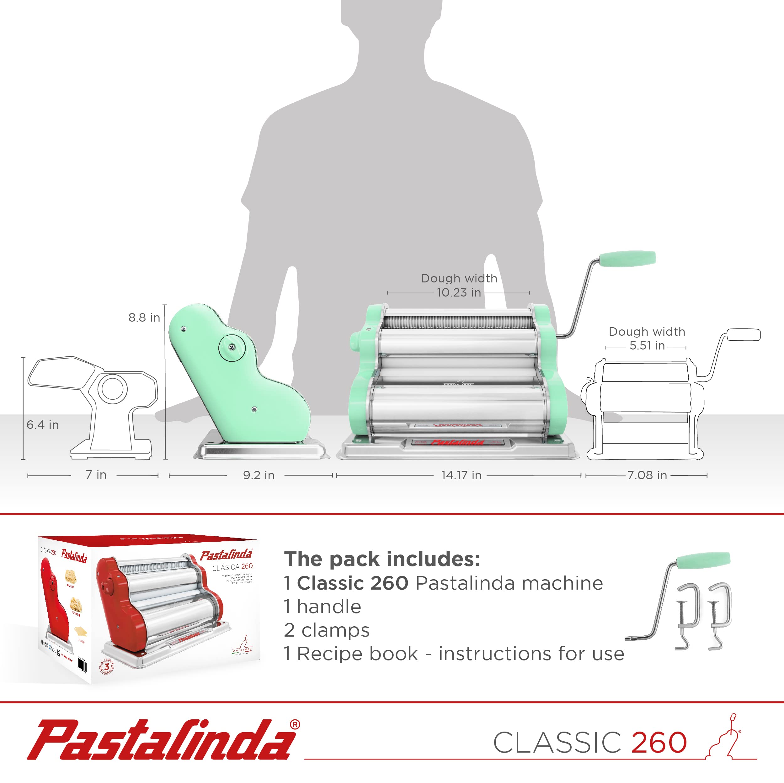 Pastalinda Classic 260 Pasta Maker Machine, 26 Cm Wide Rollers, 9 Thickness Positions, 2 Cutting Positions, Stainless Steel. Inc