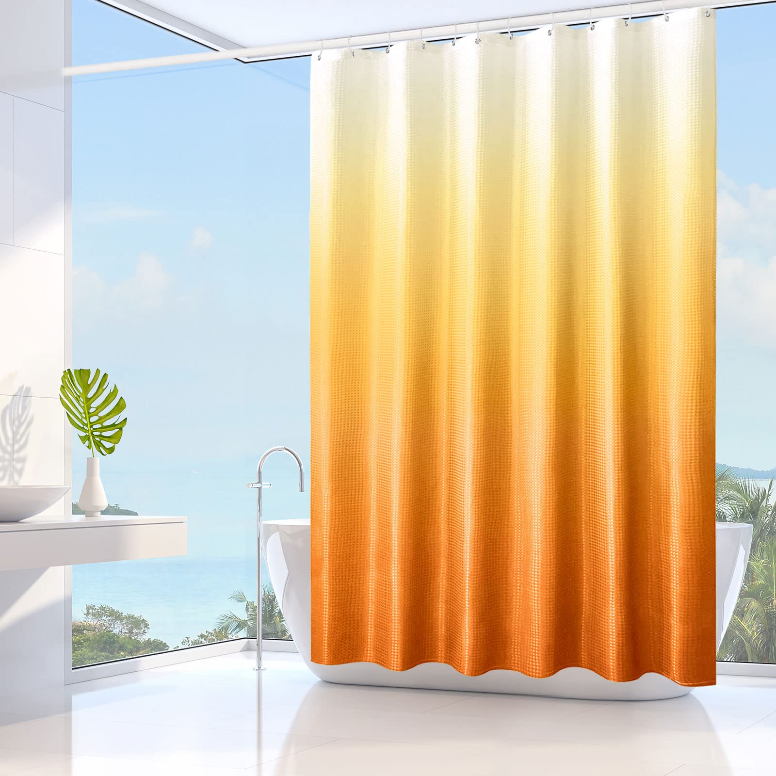 Gibelle Orange Shower Curtain, Ombre Waffle Weave Fabric Shower Curtain For Bathroom Set With Hooks, Water Repellent And Machine