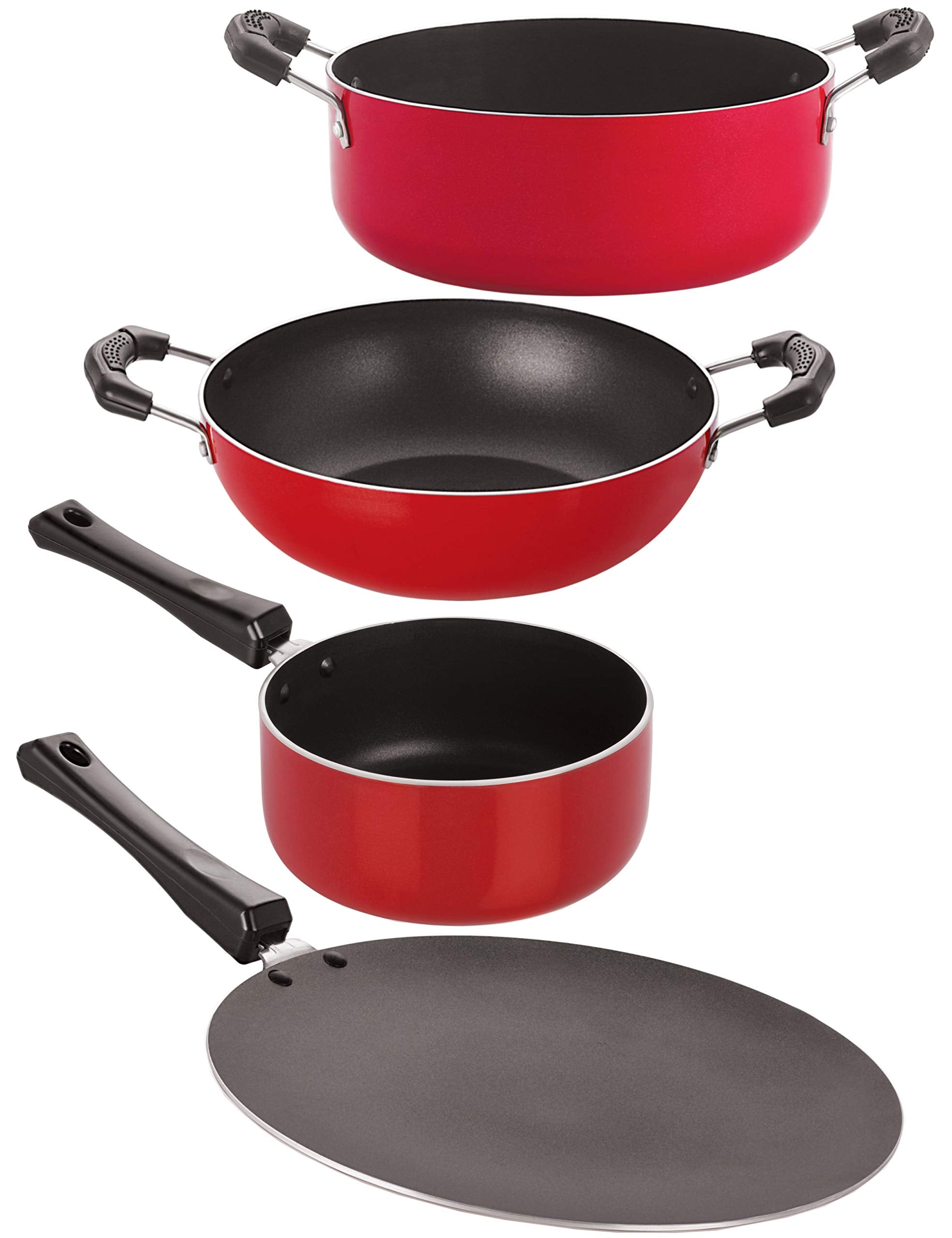 Nirlon Nonstick Cookware Pots And Pans Set,Red (4Pieces) (Ct11_Kd11_Sp(B)_Cs24)