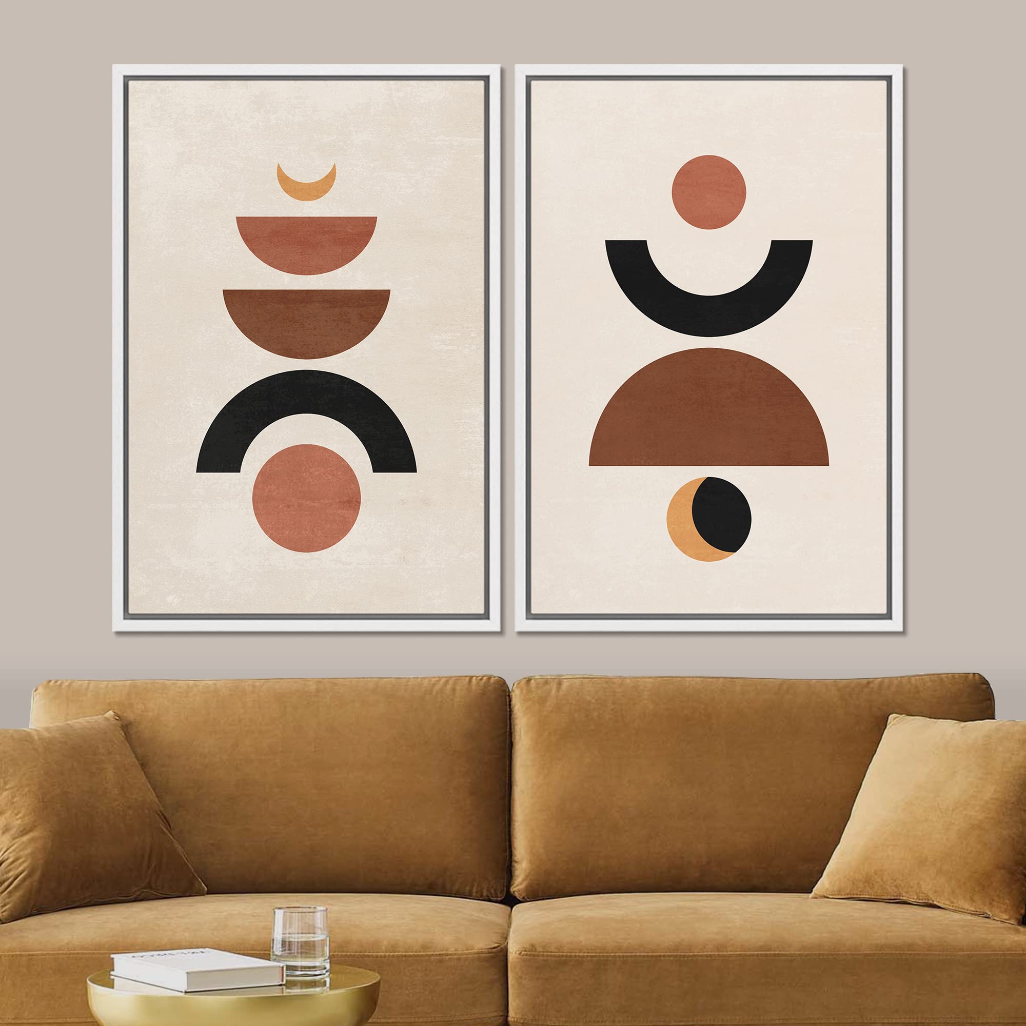 Signford Framed Canvas Print Wall Art Set Mid-Century Geometric Semi Circle Polygon Abstract Shapes Illustrations Modern Art Dec