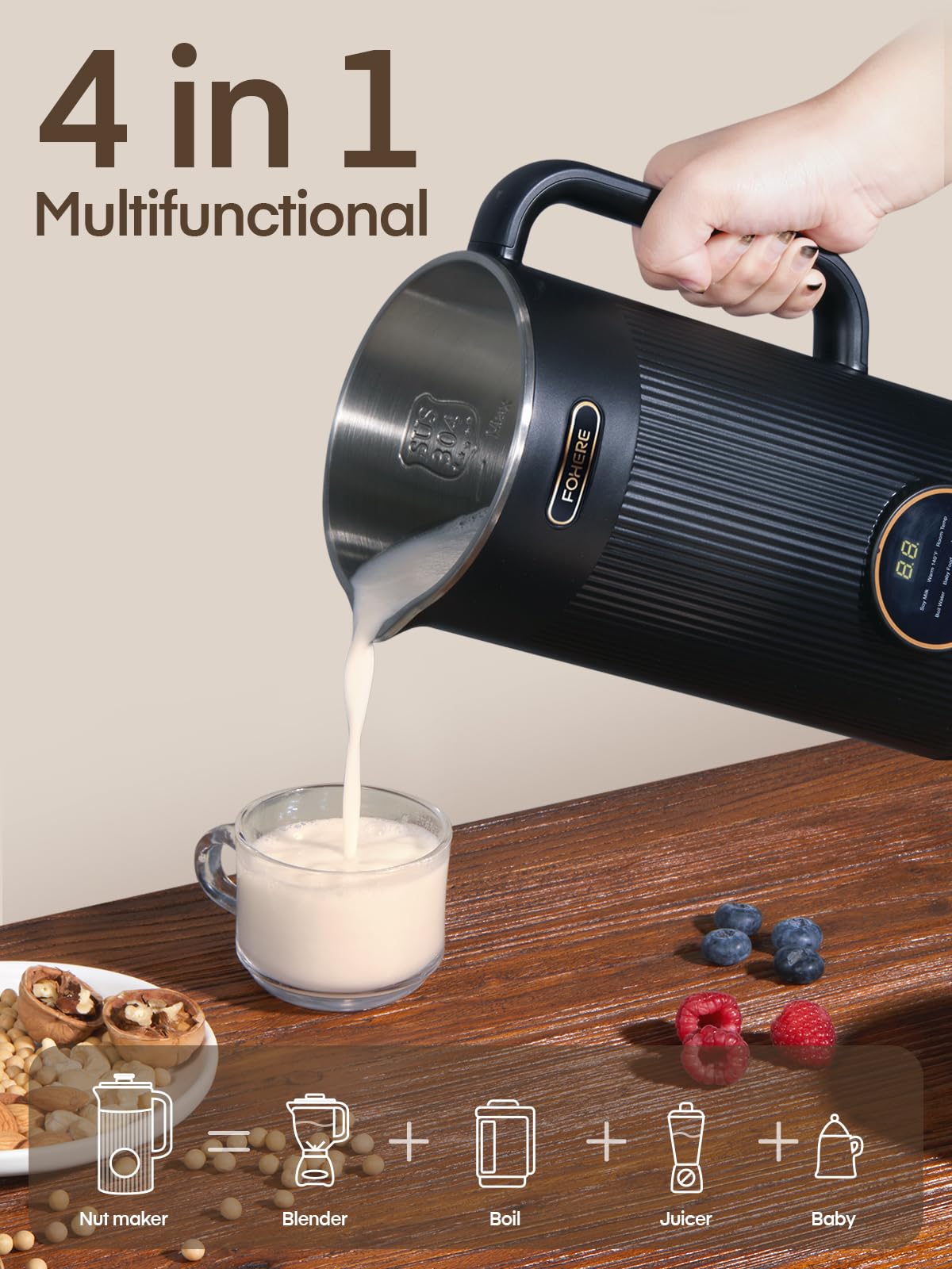 Fohere 35Oz 6 In 1 Nut Milk Maker, 1000Ml 800W Automatic Cow Milk Maker Machines Plant-Based Milk, Soy, Oat, Juice, Baby Food, W