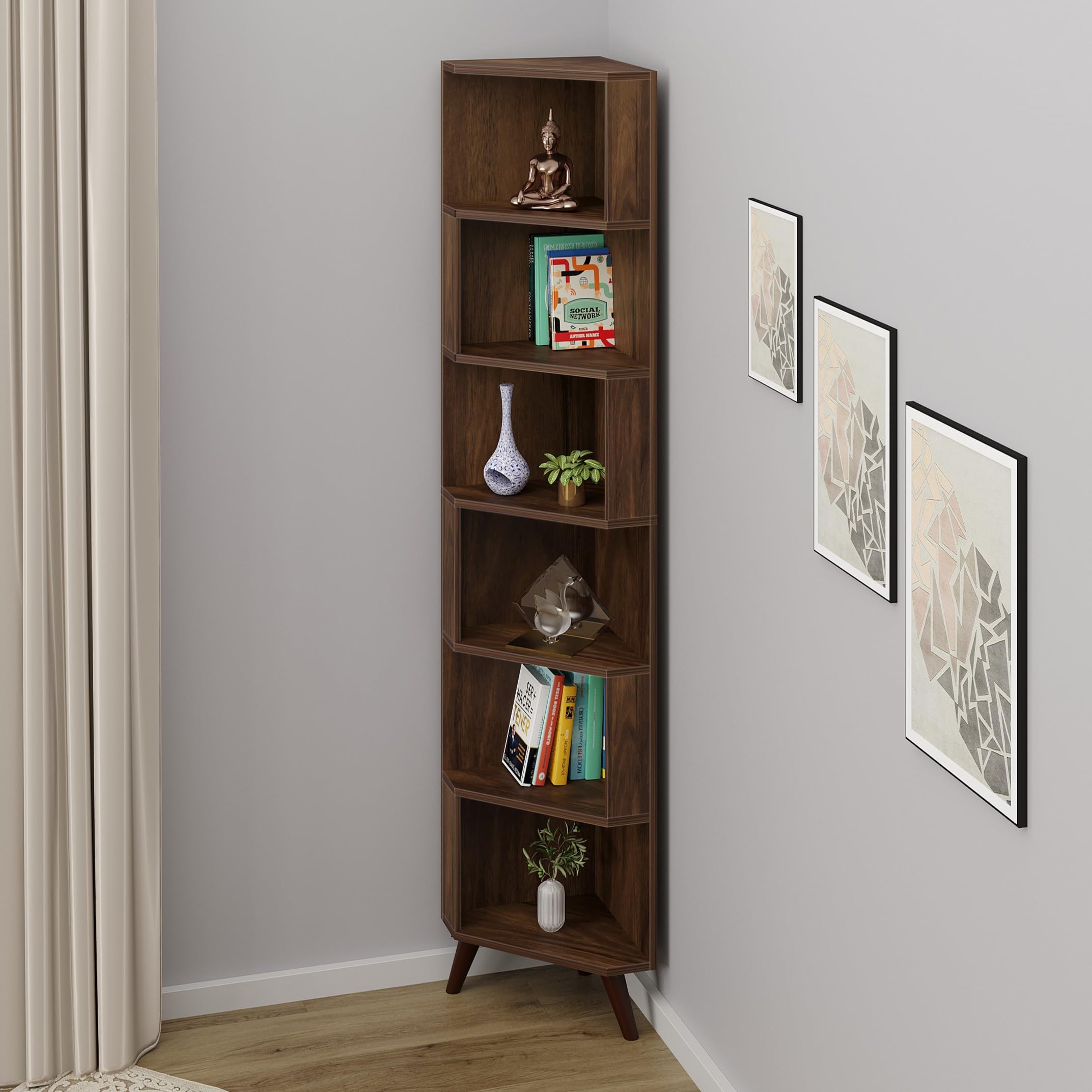 Bluewud Veluno Corner Shelf Bookshelf Cabinet Book Rack Organizer With Shelves For Storage Dcor Display Cabinet Floor Standing F