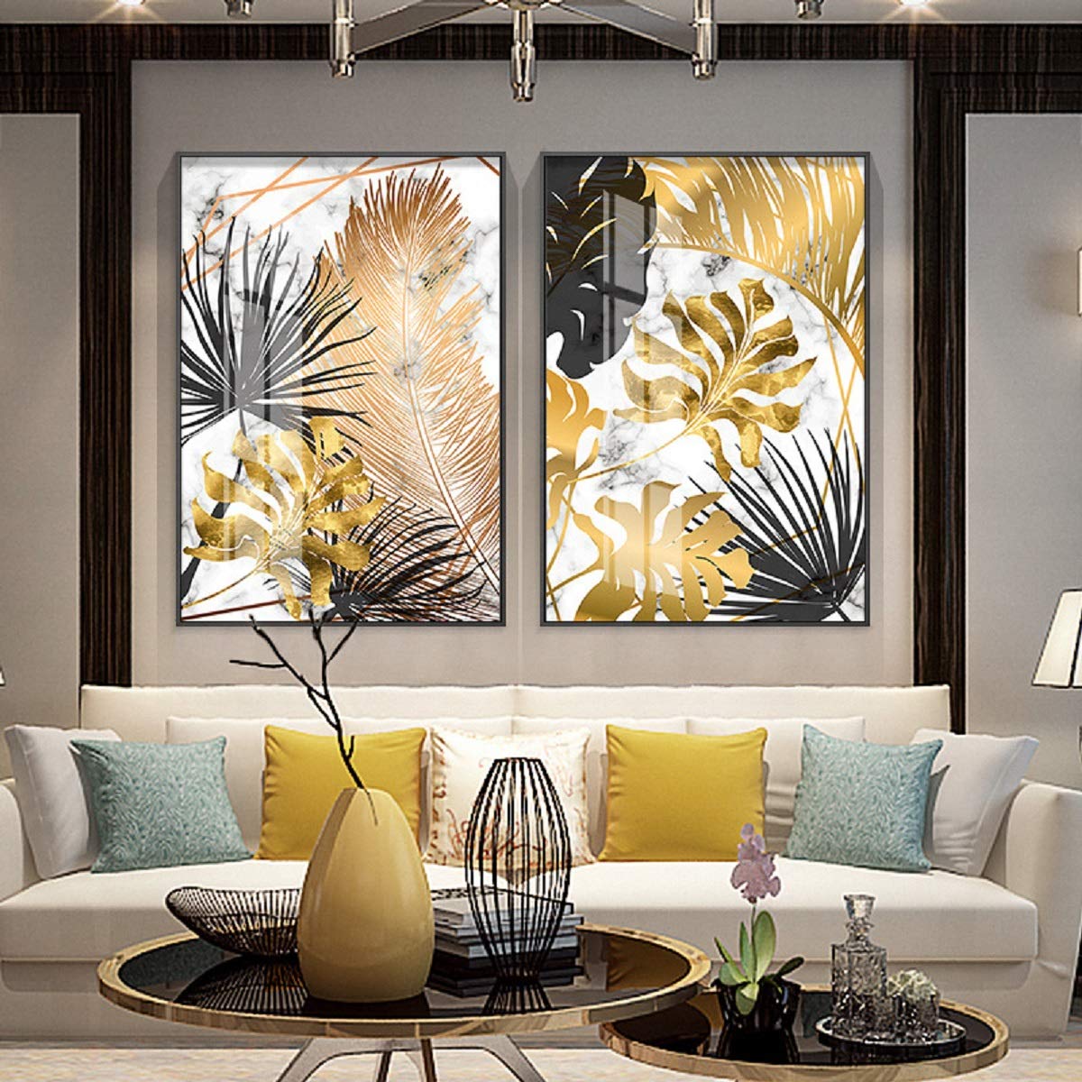 2Set Black And Gold Plant Leaf Print Wall Art D  Cor,Black Gold Leaf And Fruit Wall D  Cor Art Canvas Print Poster, Leaf Inspira