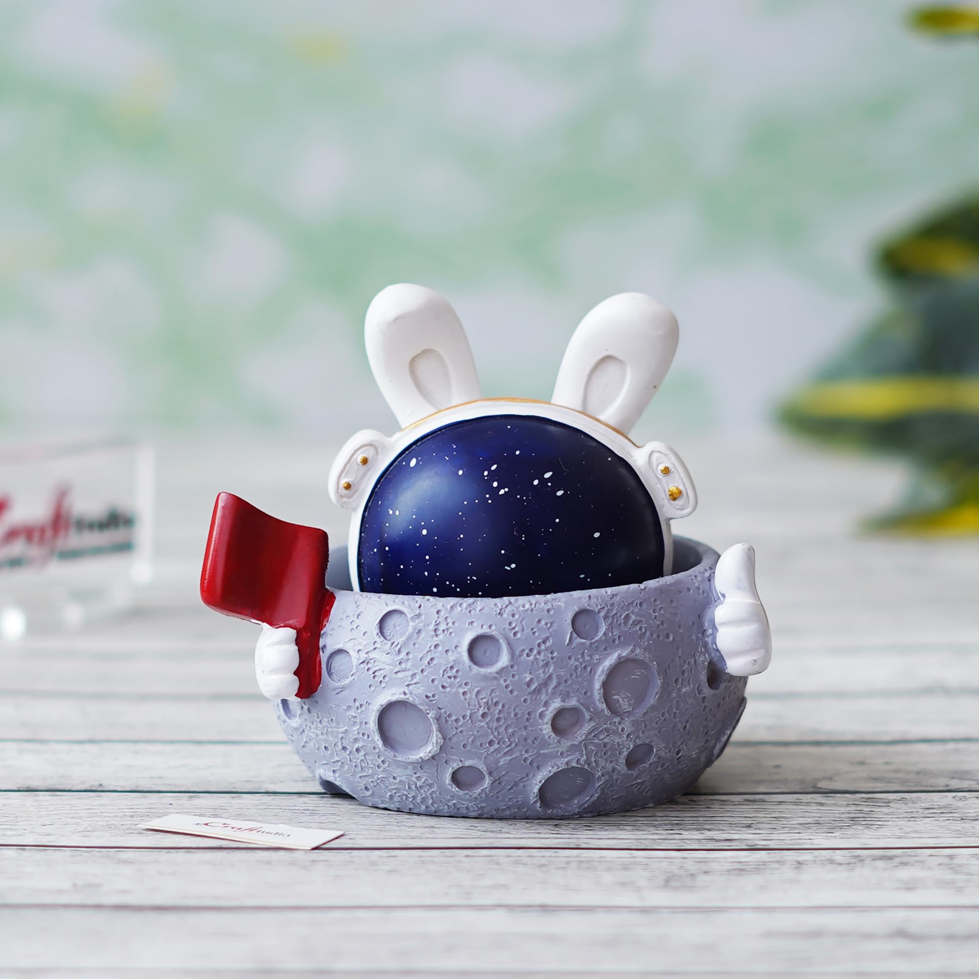 Ecraftindia Rabbit Astronaut Miniature Statue On Moon Shaking Head With Red Flag Decorative Showpiece For Home Decor Living Room