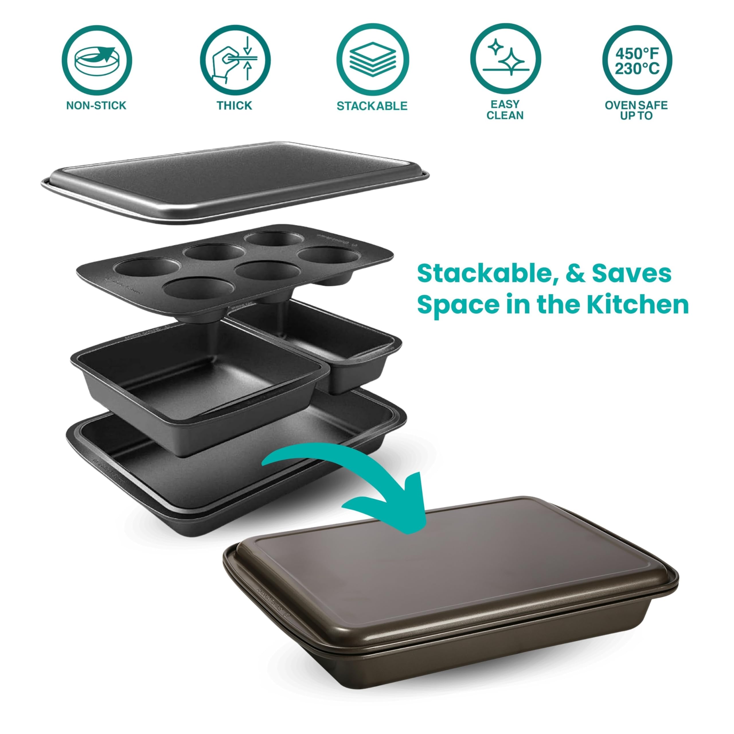 Baker'S Secret Bakeware Sets Stackable Baking Set Of 5 Bakeware Pans, Bakeware Set, Baking Pan Set, Muffin Pan, Roaster Pan, Squ