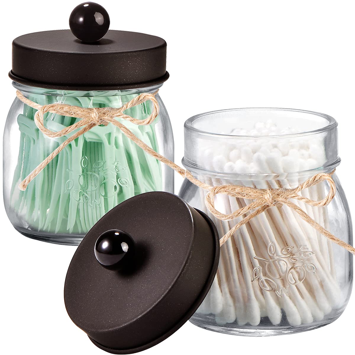 6 Pack Apothecary Jars Set Mason Jar Decor Bathroom Vanity Storage Organizer Canister Glass Qtip Holder Dispenser for Qtips Cotton Swabs Ball bathoom Accessories - Stainless Steel Lid (Bronze)