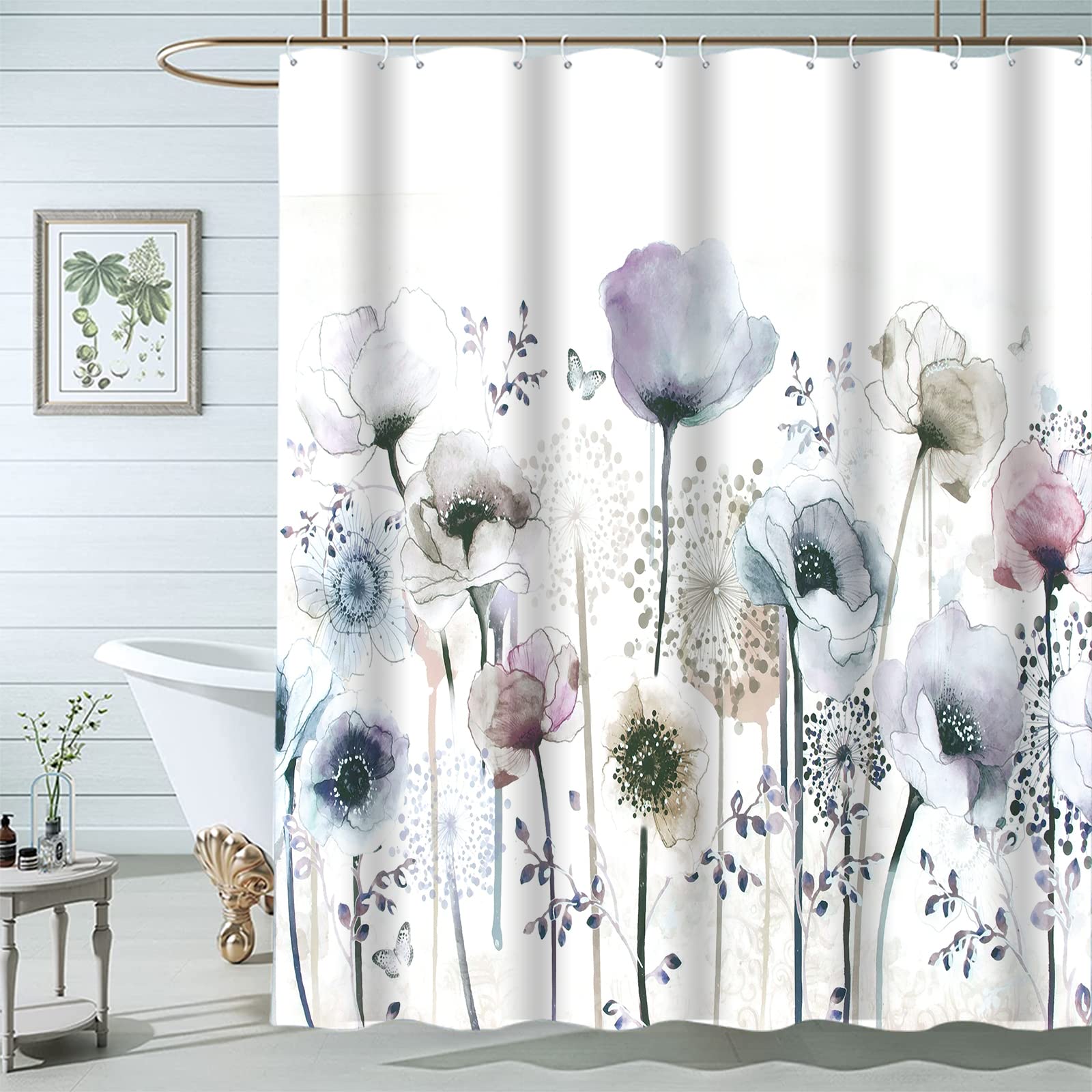 Floral Shower Curtains For Bathroom, Blue Watercolor Shower Curtain, Farmhouse Bathroom Curtain Decoration, Waterproof Fabric Sh