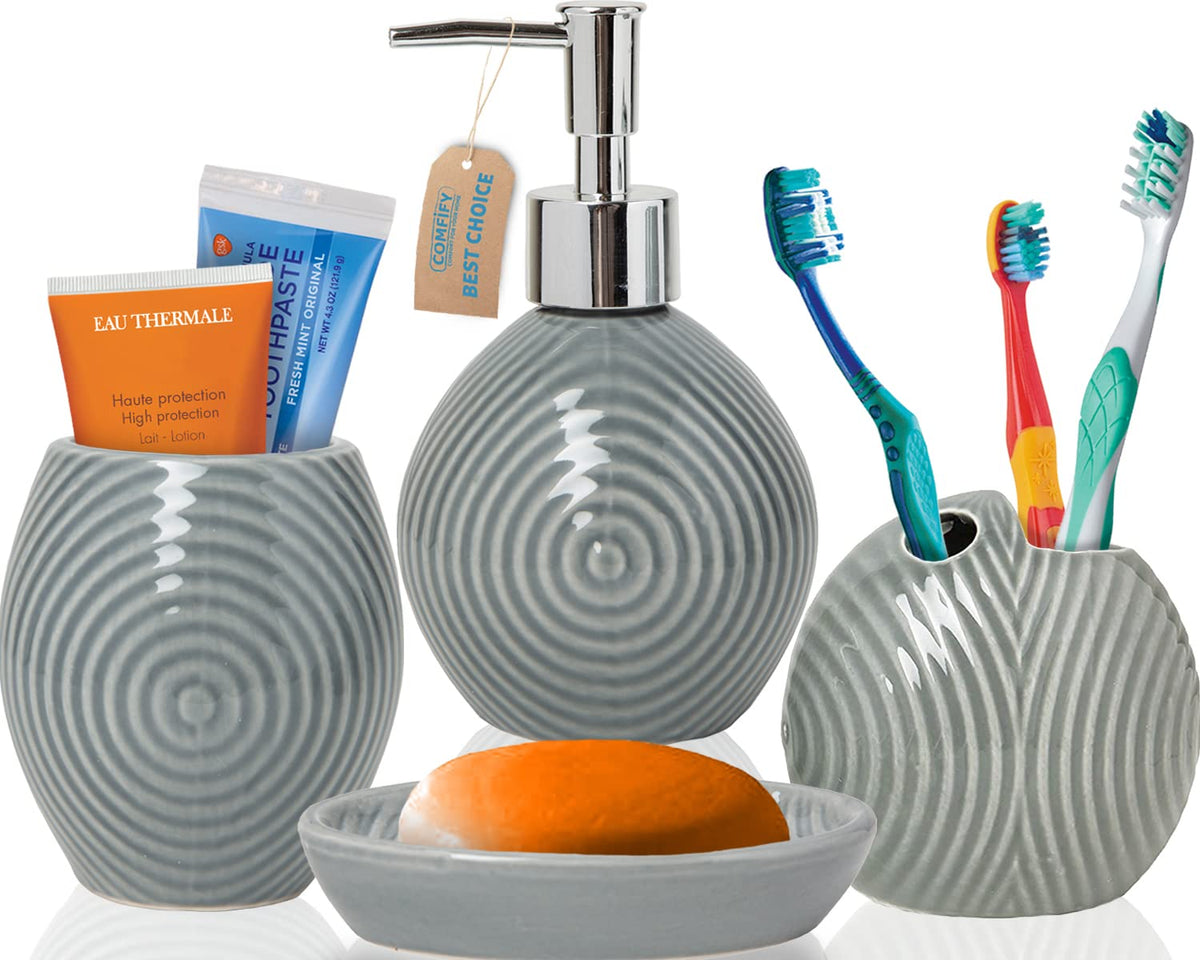Designer 4-Piece Bathroom Accessory Set - Ceramic Bath Set W/Liquid Soap Or Lotion Dispenser, Toothbrush Holder, Tumbler And Soa