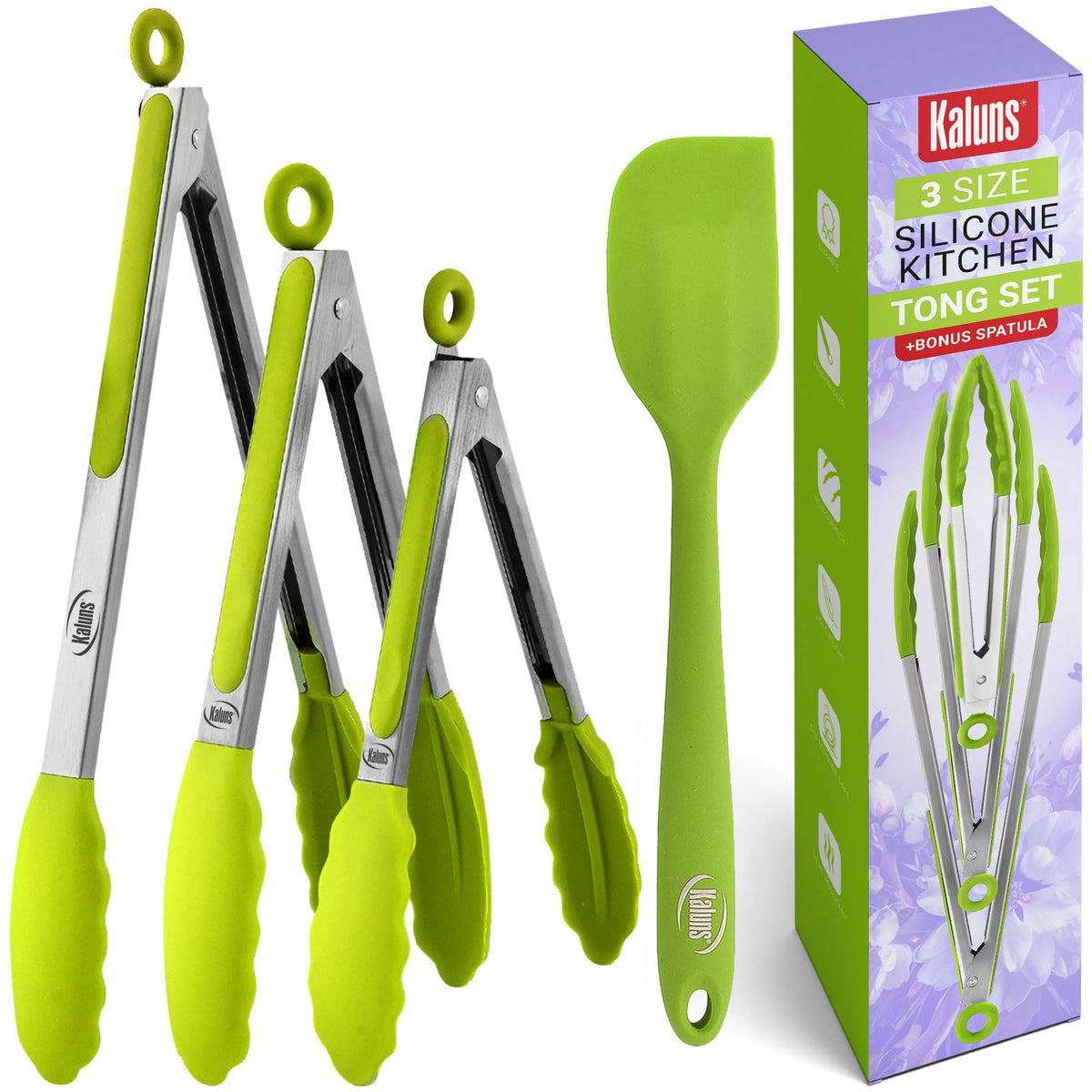 Kaluns Kitchen Tongs For Cooking Grilling Set Of 4, Bbq Grill Tongs With Silicone Tip Stainless Steel Heat Resistant, Non-Stick