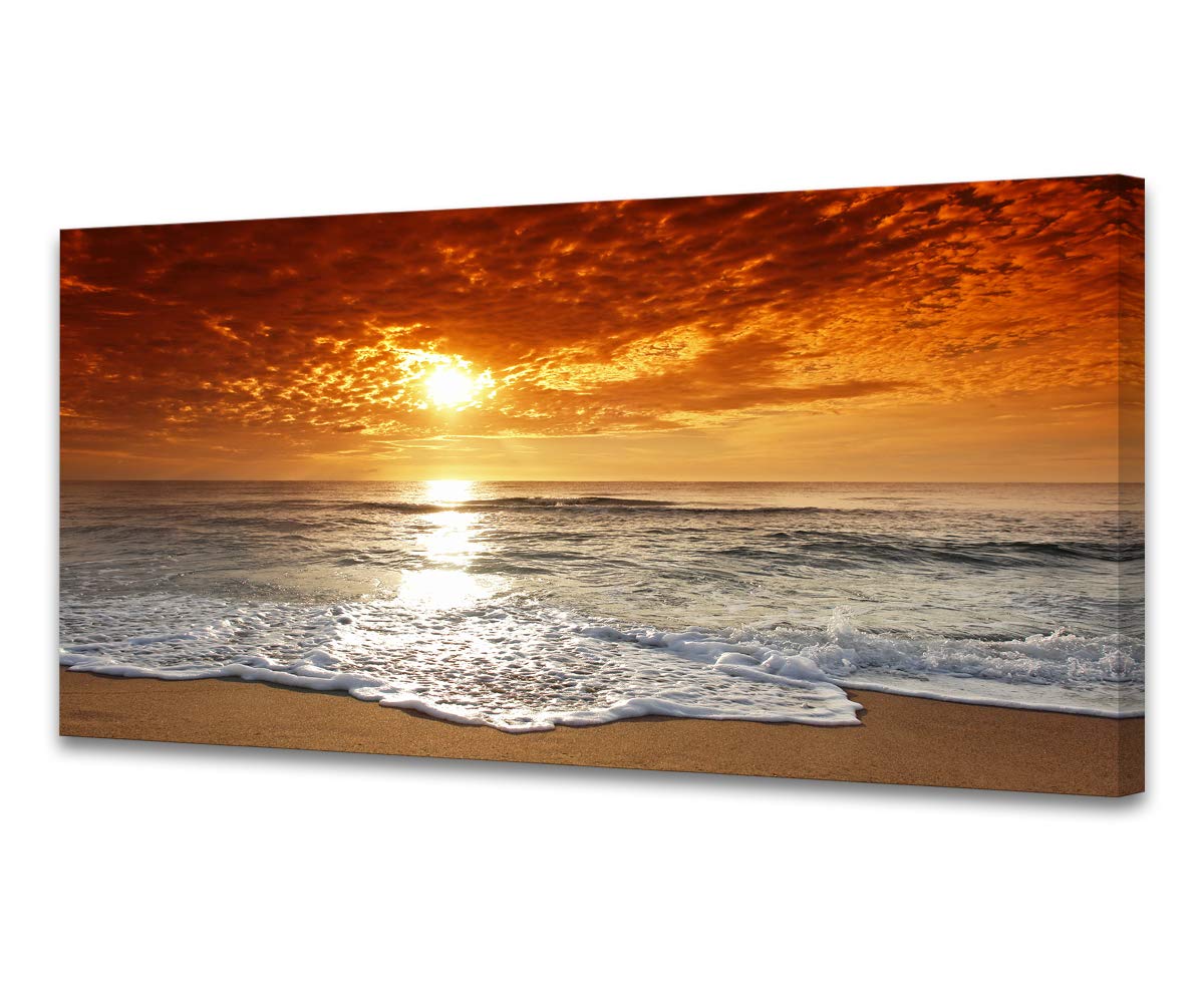Muolunna S04662 Canvas Prints Wall Art Sunset Ocean Beach Pictures Photo Paintings for Living Room Bedroom Home Decorations Stretched and Framed Ready to Hang Seascape Waves Artwork 24x48inch